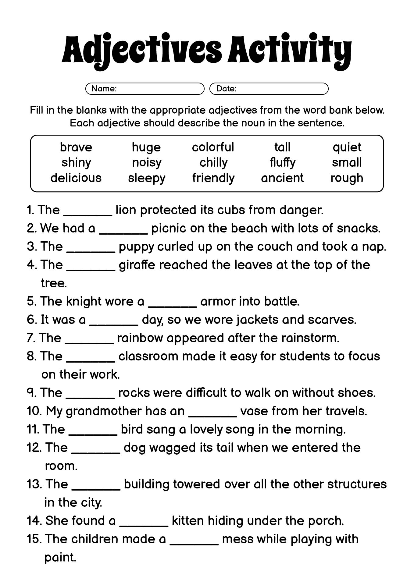 Printable Adjectives Activity Sheets for 4th Graders