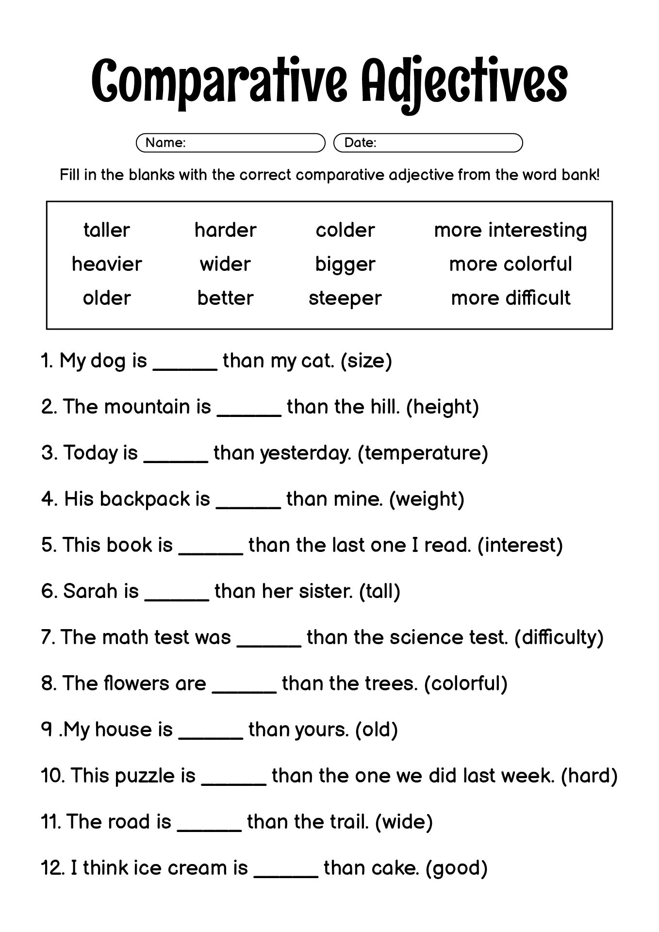 Printable Comparative Adjectives Worksheet for 4th Grade