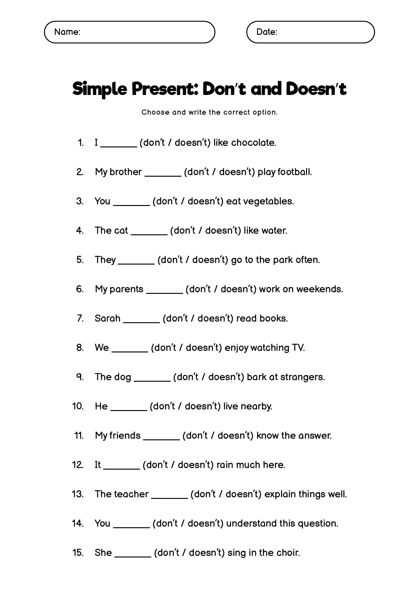 Printable English Grammar Exercises