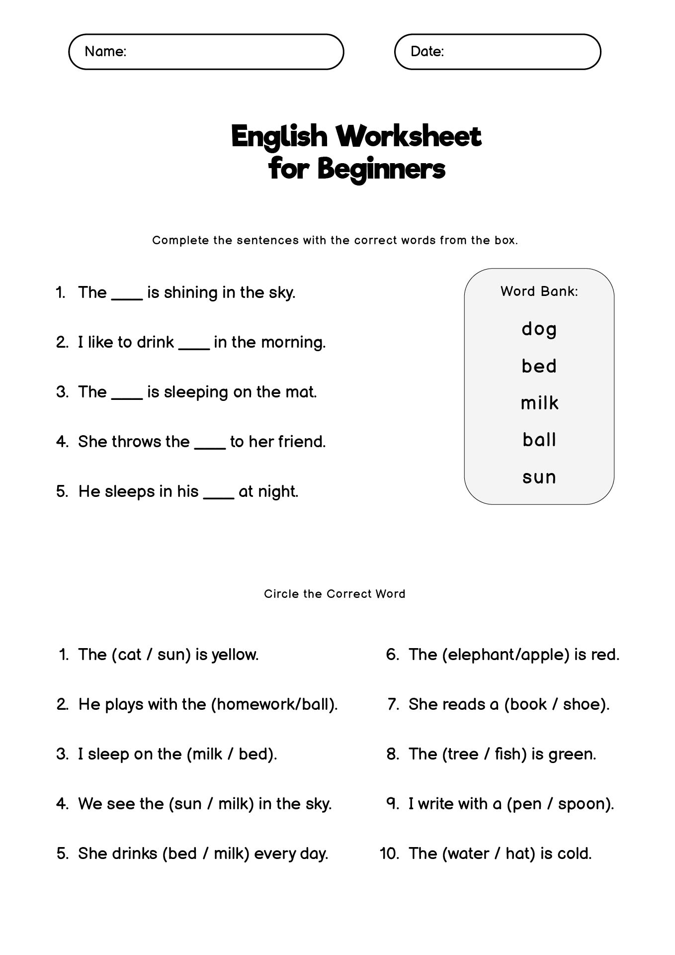 Printable English Worksheets for Beginners