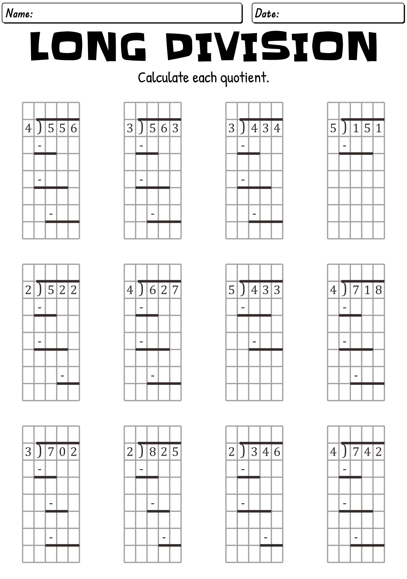 Printable Long Division Grid Method Worksheets