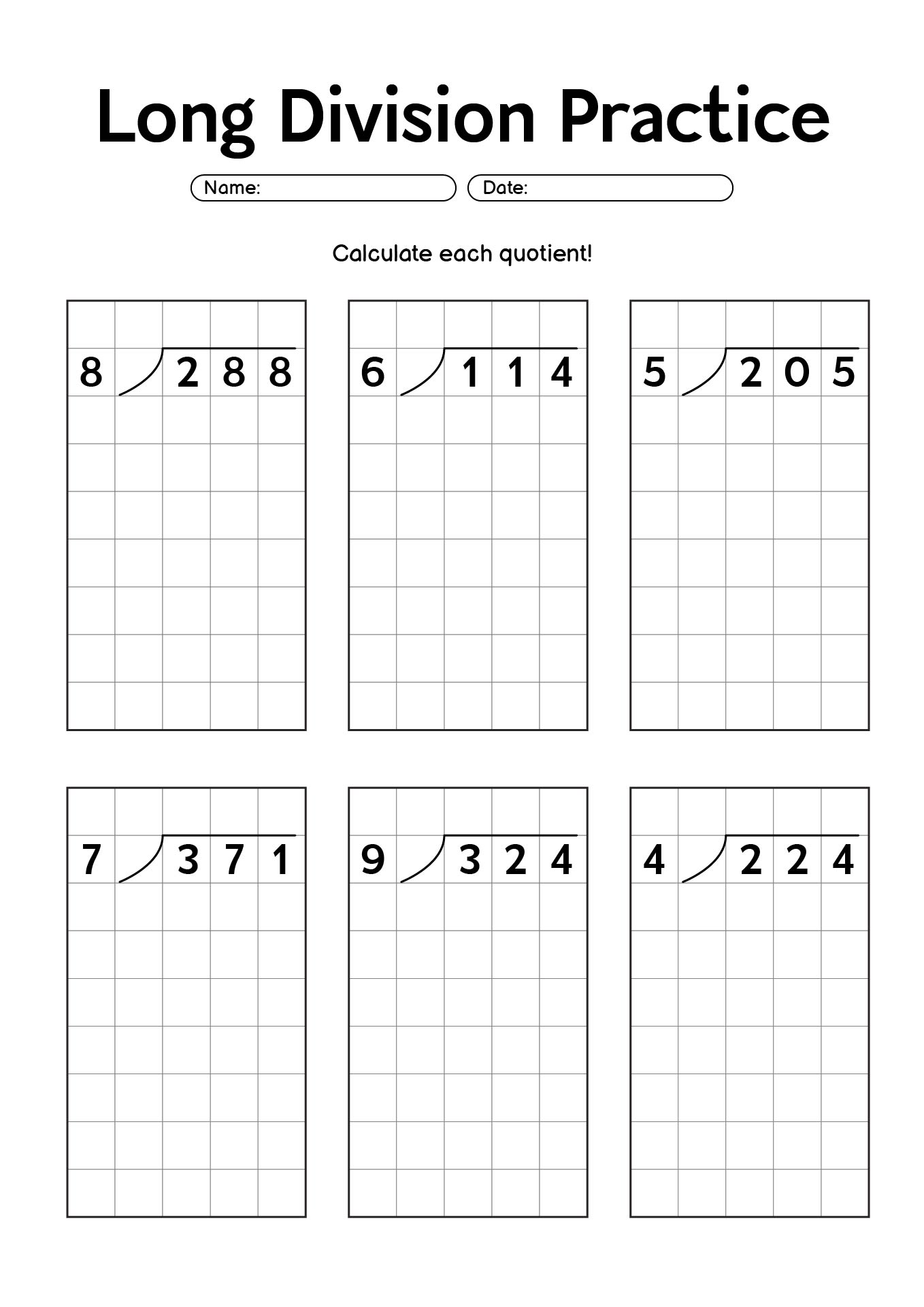 Printable Long Division Practice Worksheets with Grid