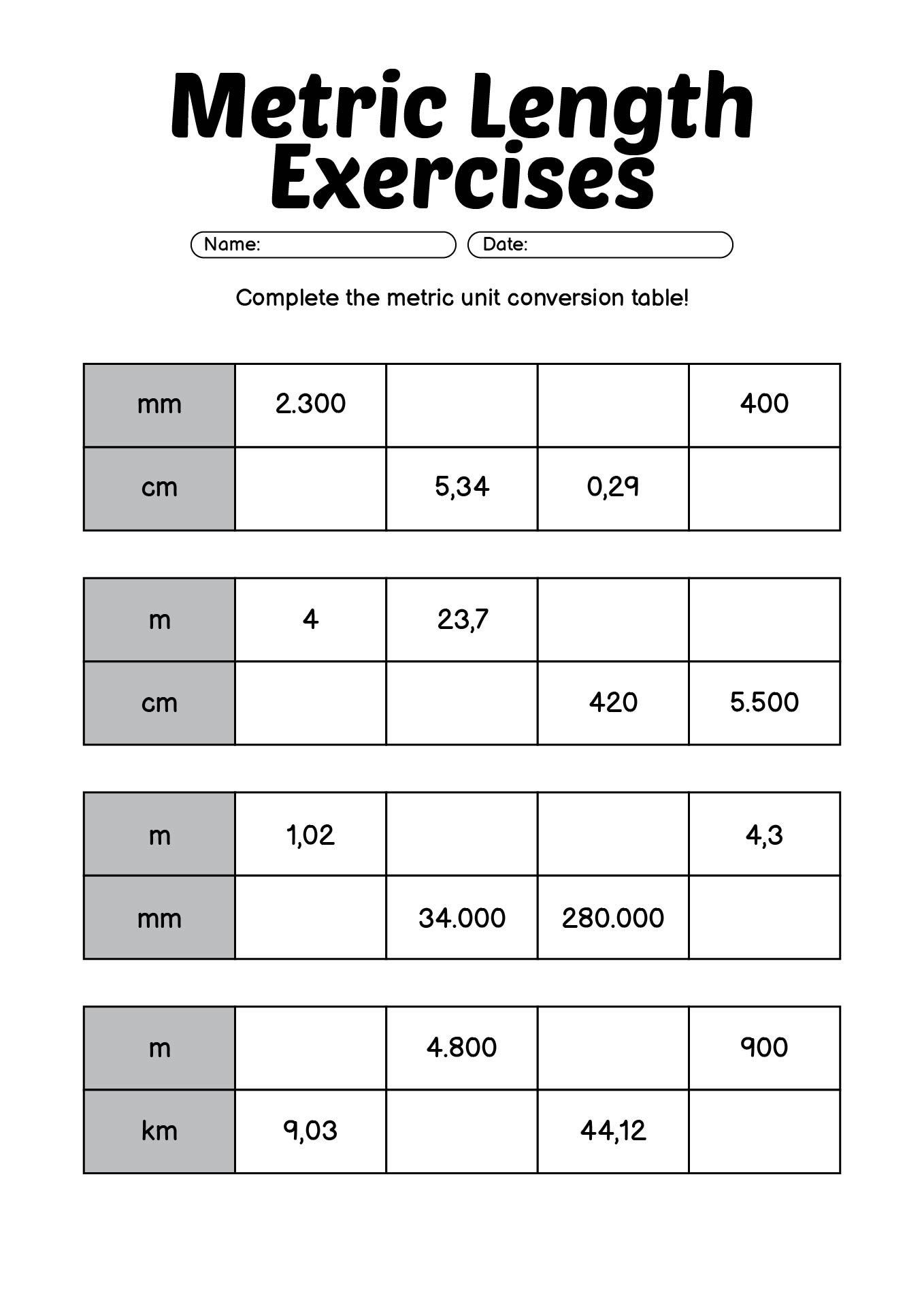 Printable Metric Length Exercises for Middle School