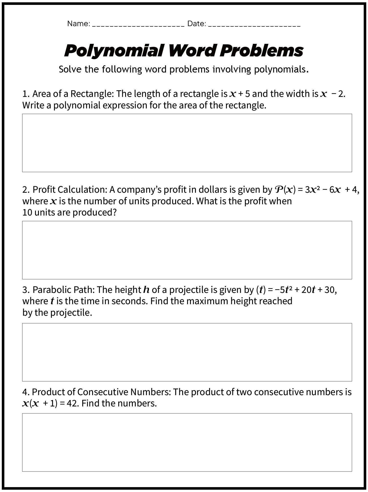 Printable Polynomial Worksheets for Algebra 1