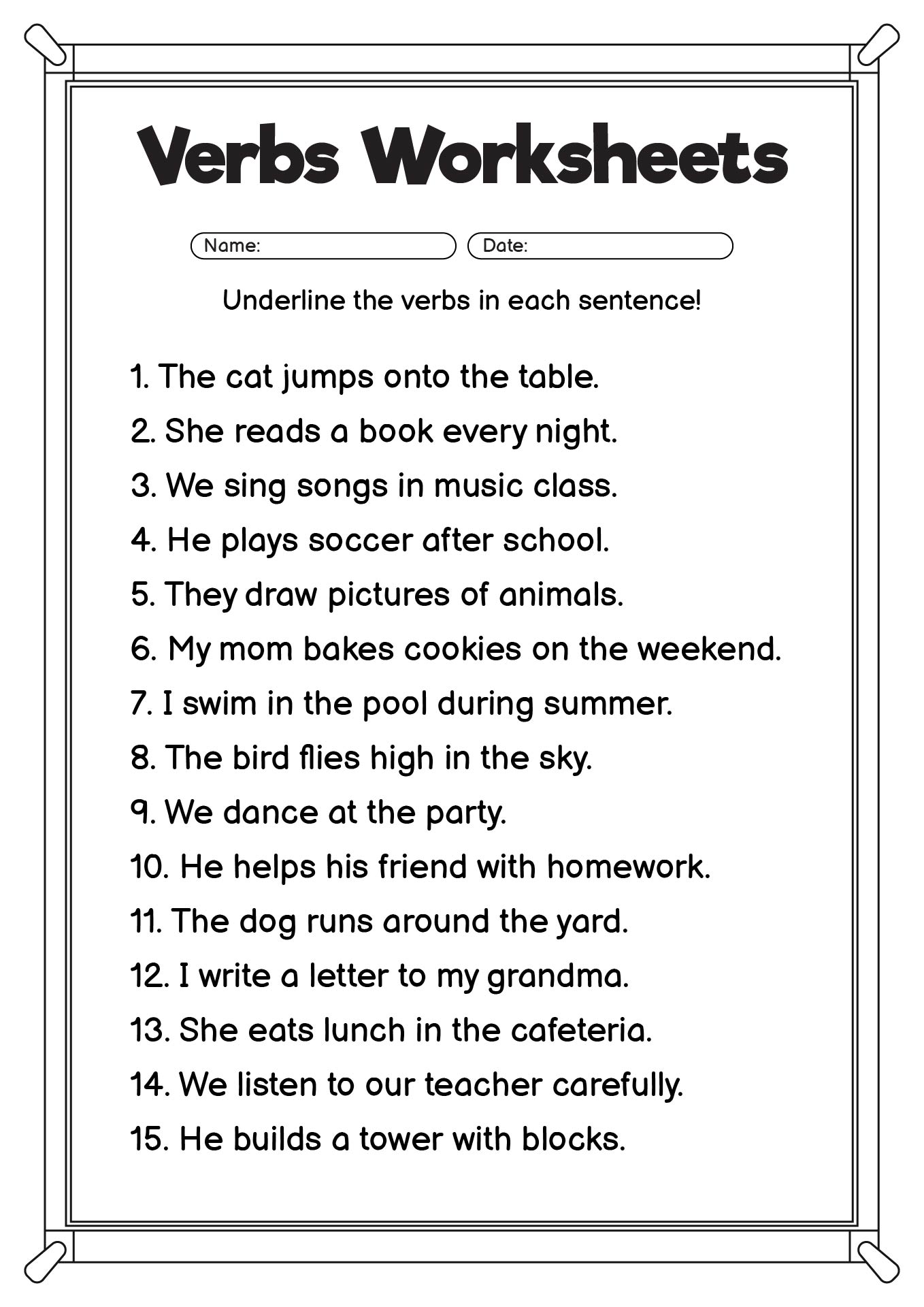 Printable Verbs Worksheets for Grade 3