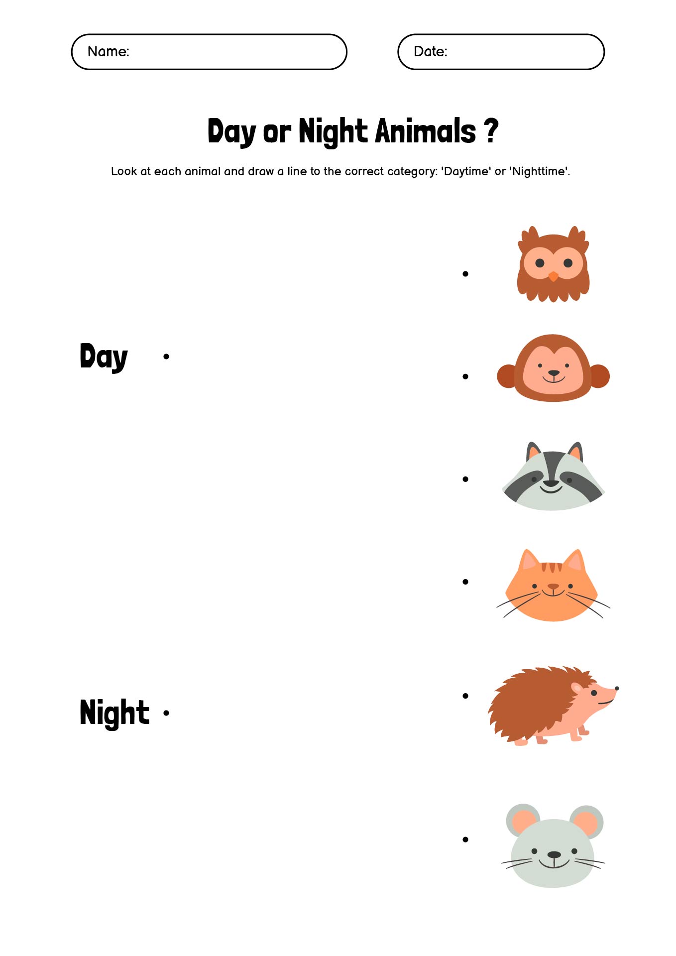 Printable Worksheet on Nocturnal and Diurnal Animals