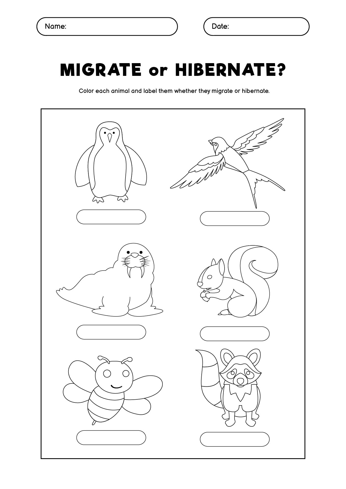 Printable Worksheets on Animals Migrating and Hibernating