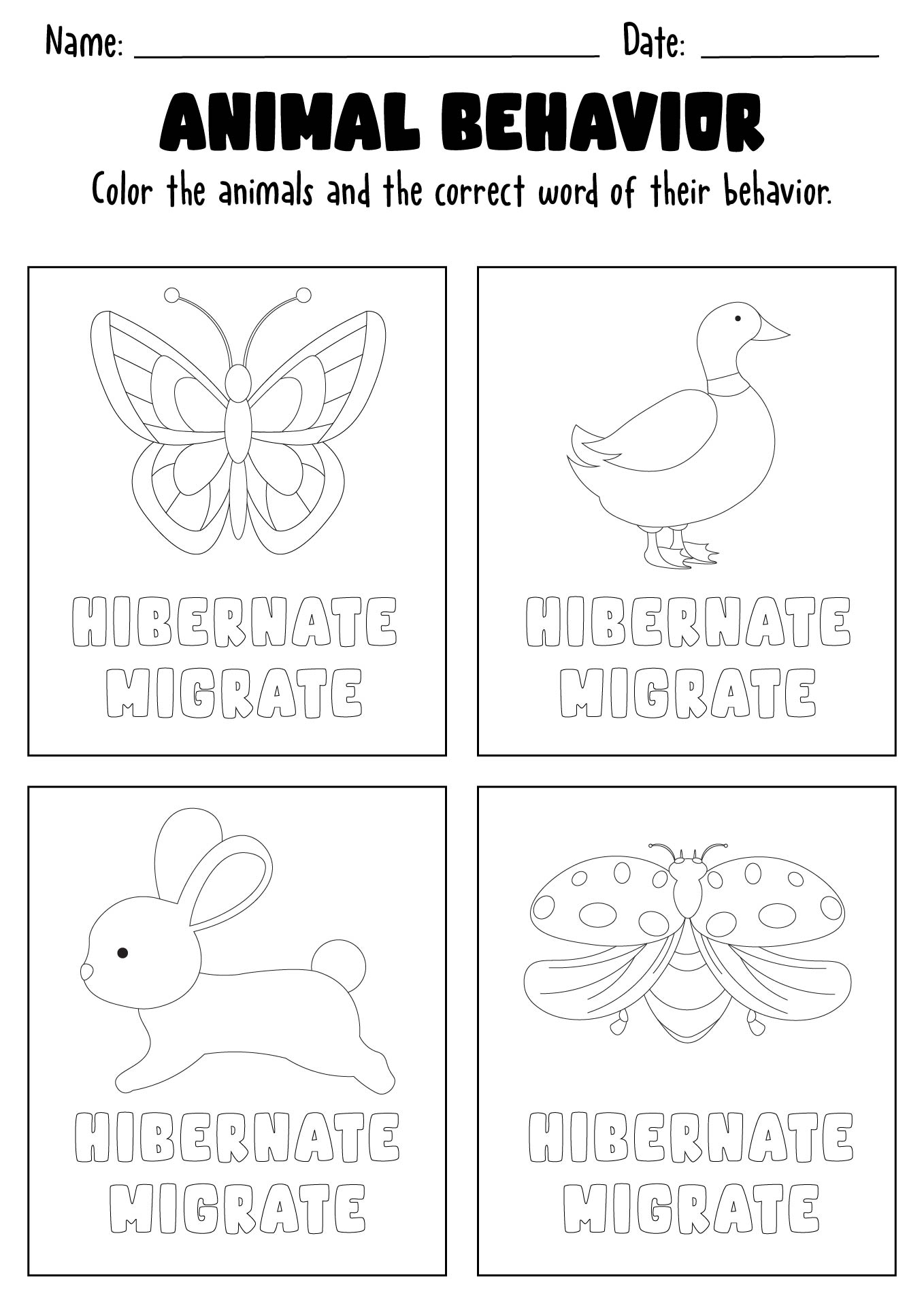 Printable Worksheets on Animals Migrating and Hibernating