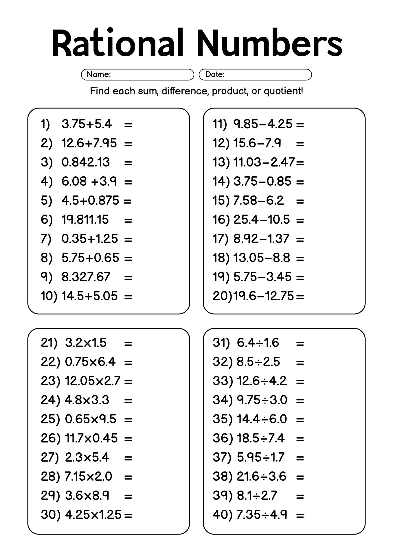 Rational Numbers 7th Grade Practice Sheets