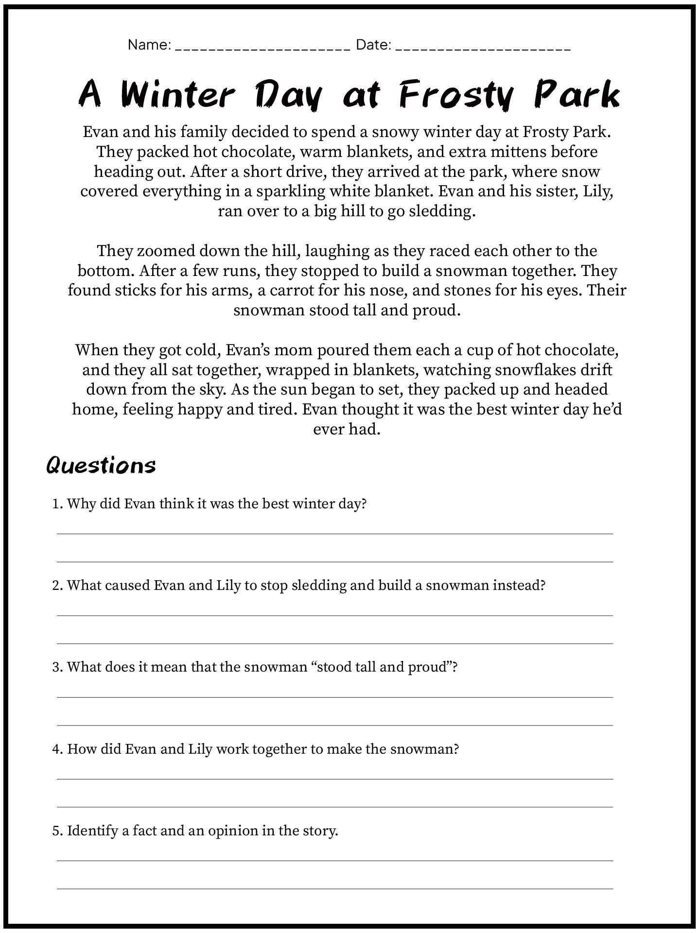 Reading Comprehension Worksheets for Fourth Grade Students