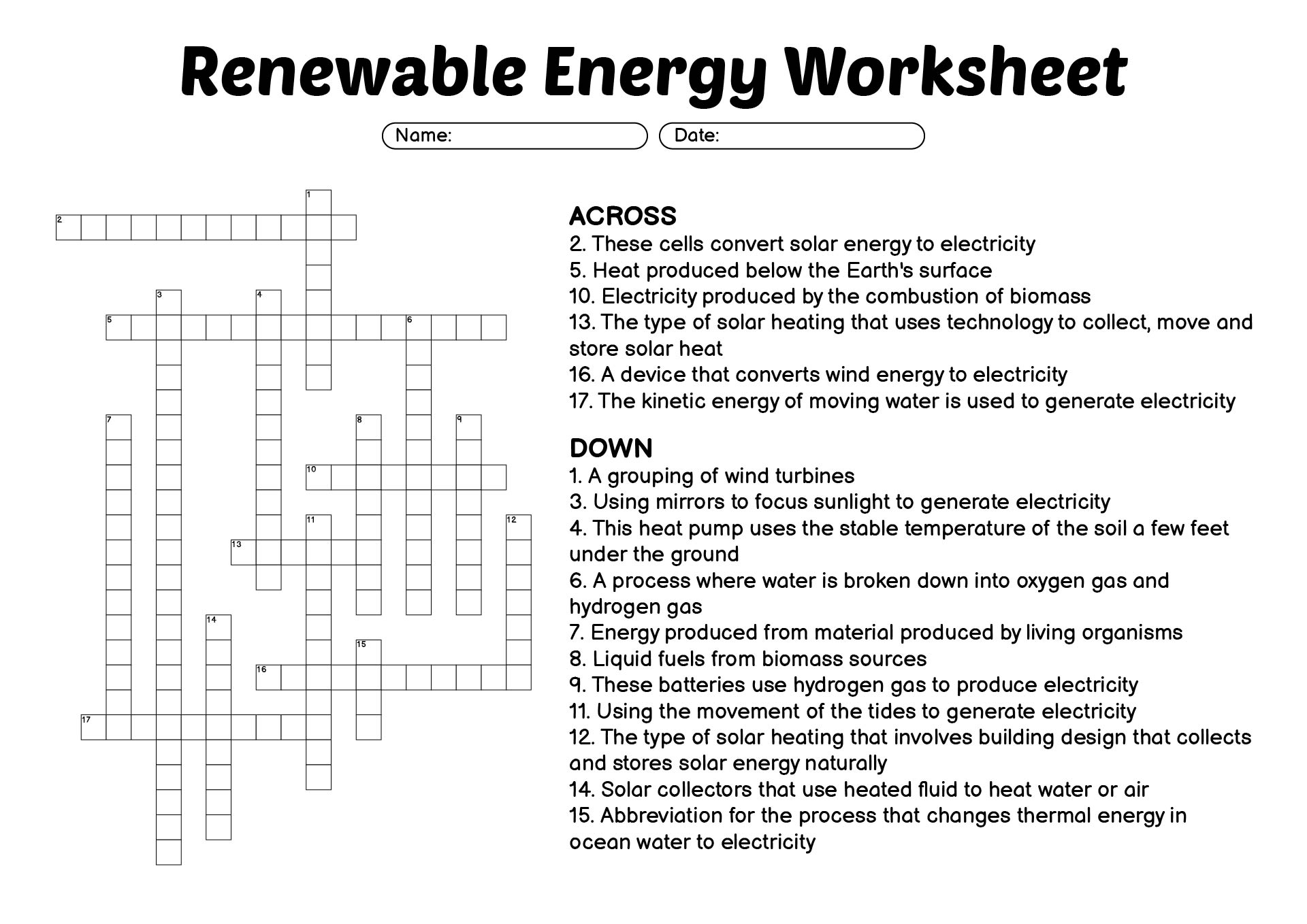 Renewable Energy Sources Worksheet