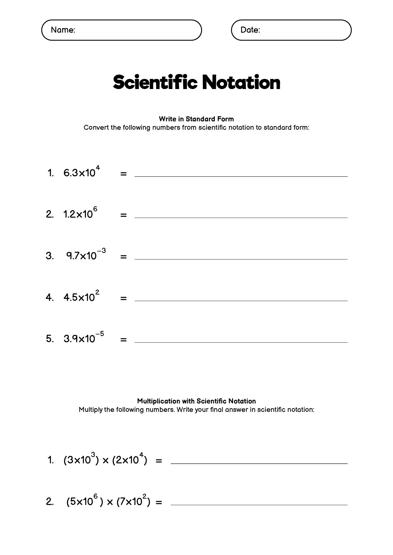 Scientific Notation Exercises for 6th Graders