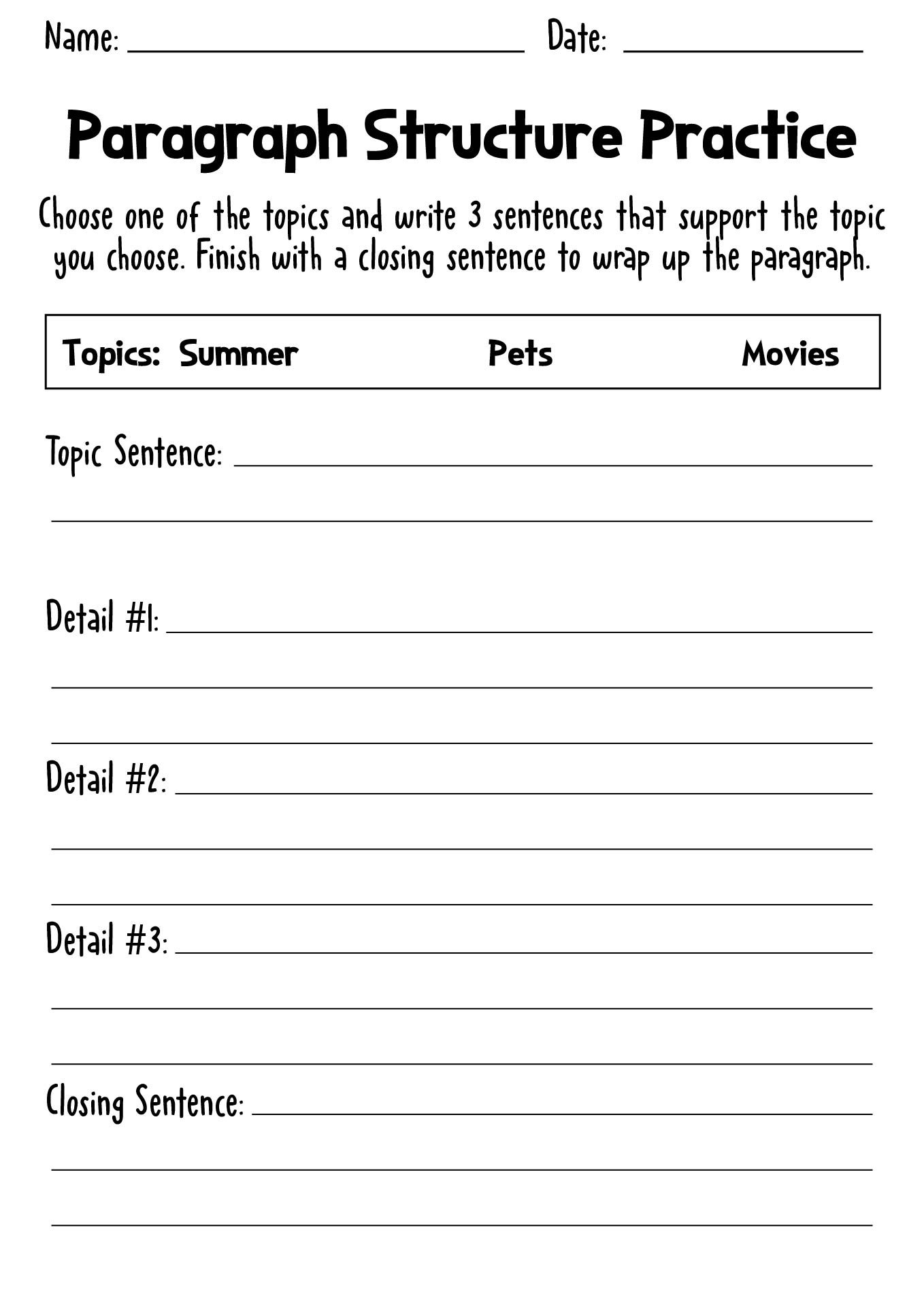 Second Grade Paragraph Structure Practice Sheets