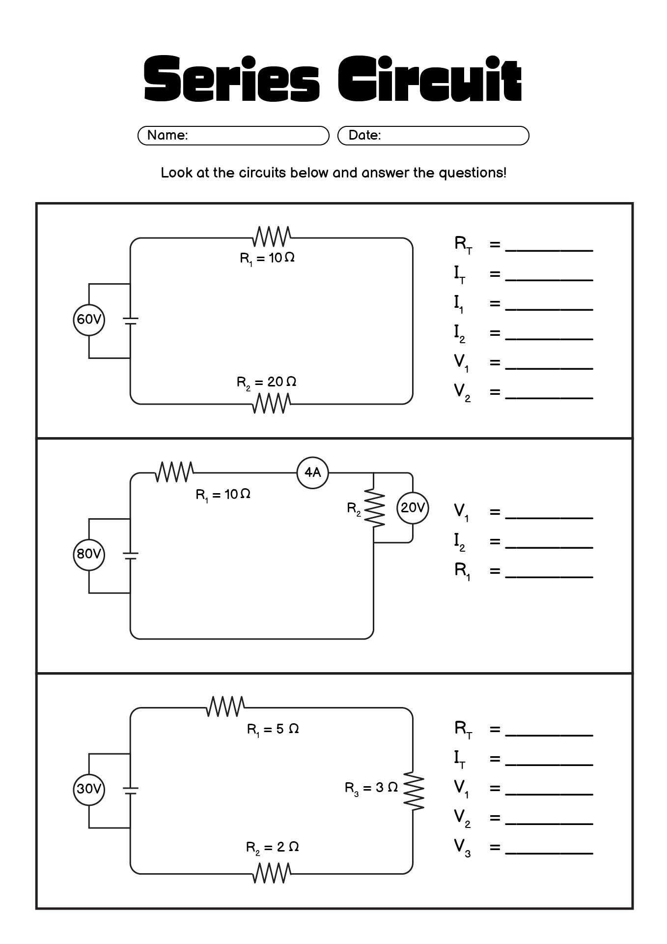 Series Circuit Calculations Worksheet