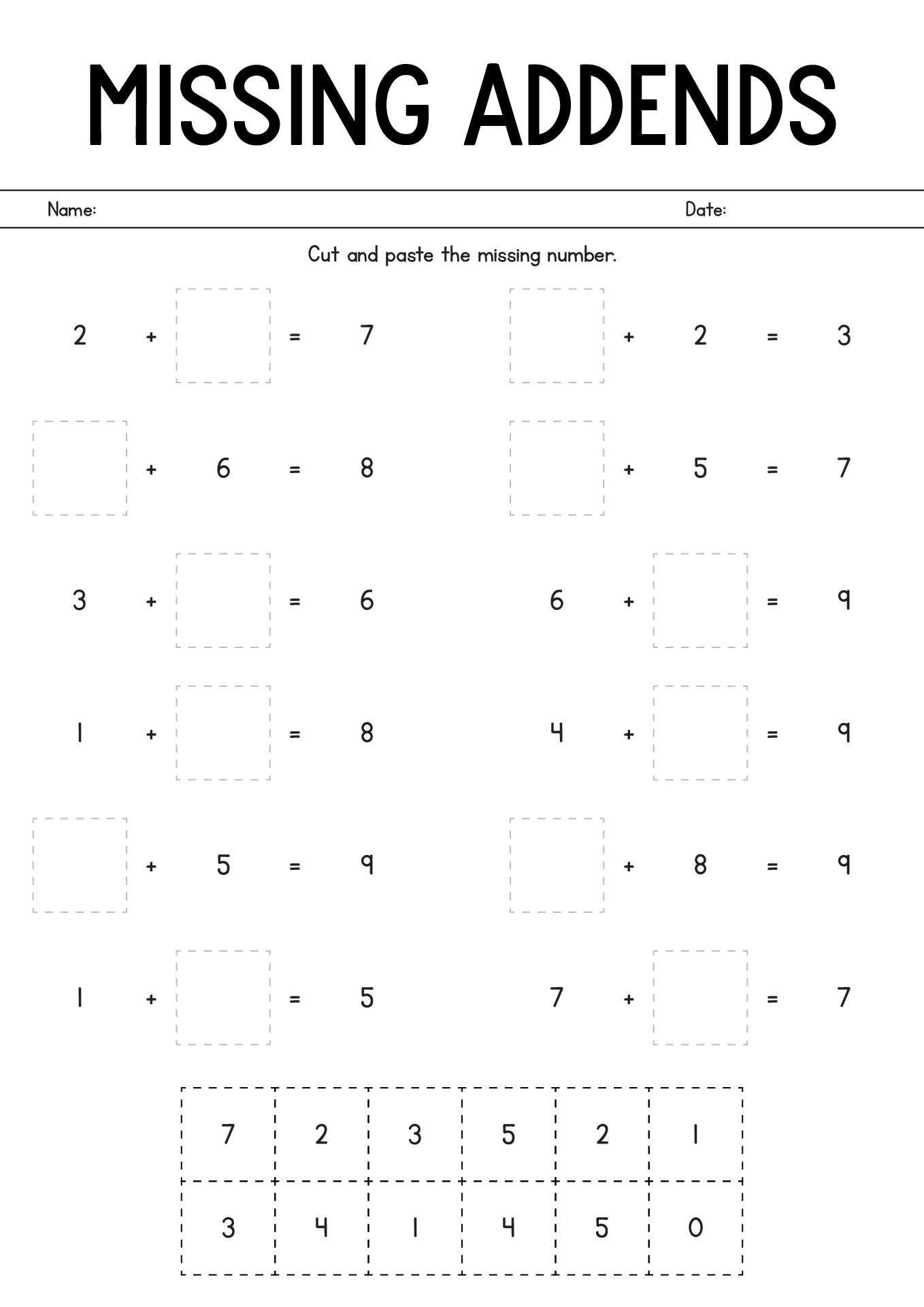 Single Digit Missing Addends Worksheets For Grade 1