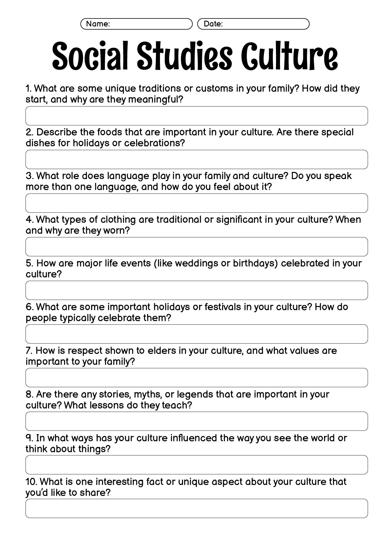 Social Studies Culture Worksheet for Middle School Students