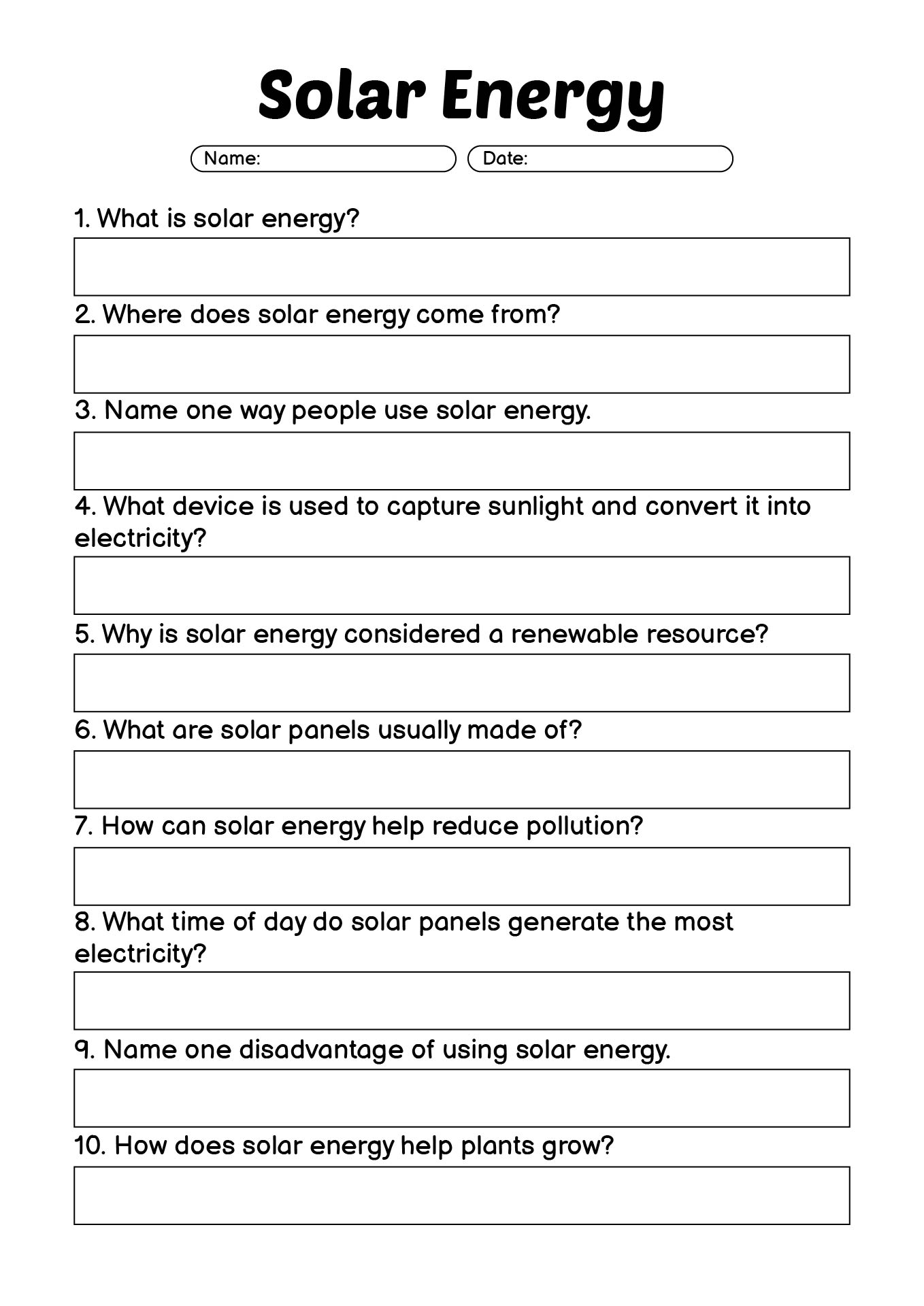 Solar Energy Activities Worksheet