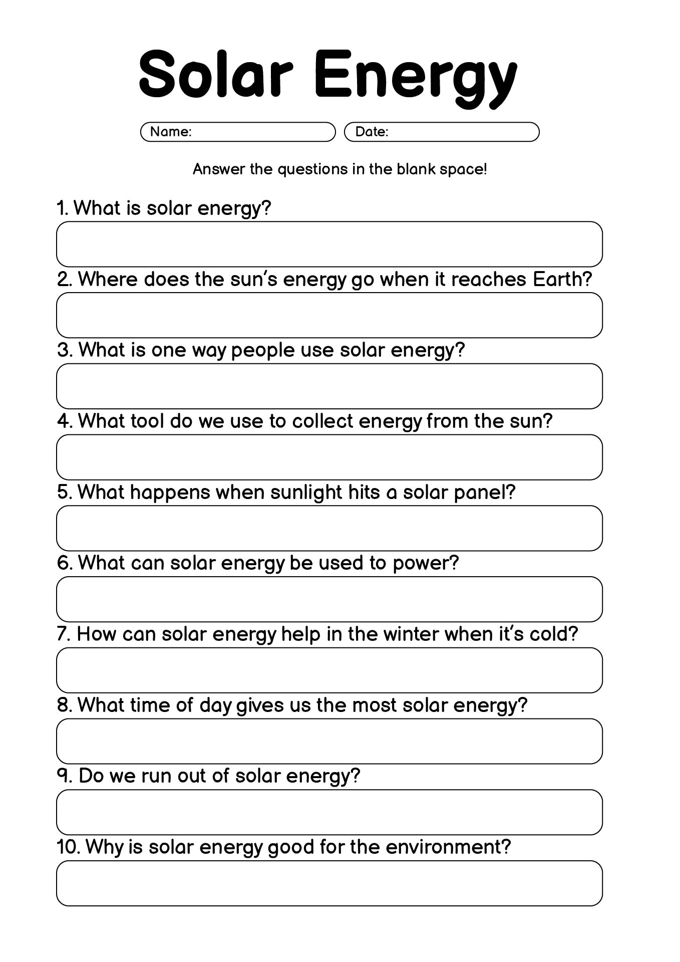 Solar Energy Worksheets for 3rd Grade Science