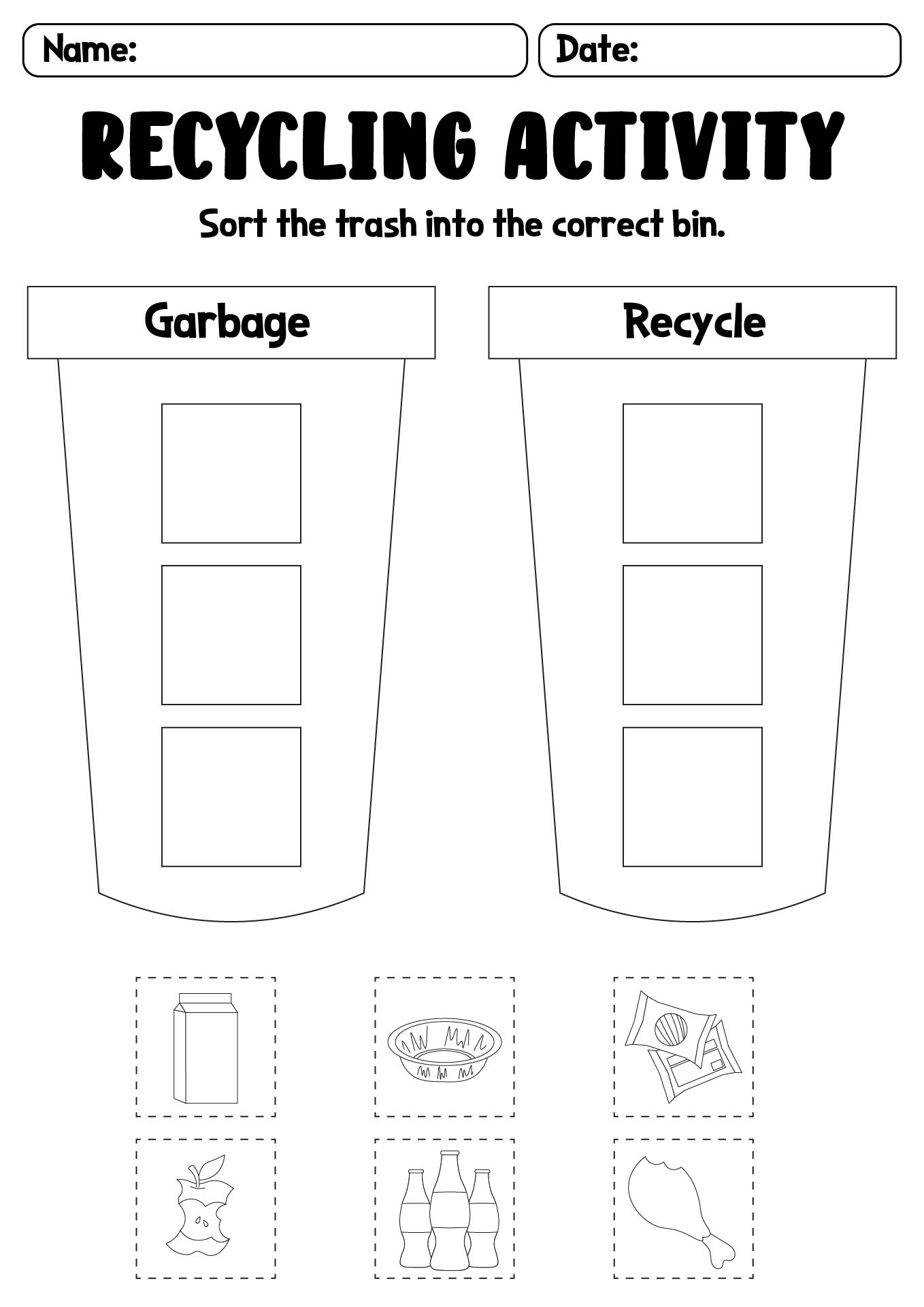 Sorting Recyclables for Kids Worksheet