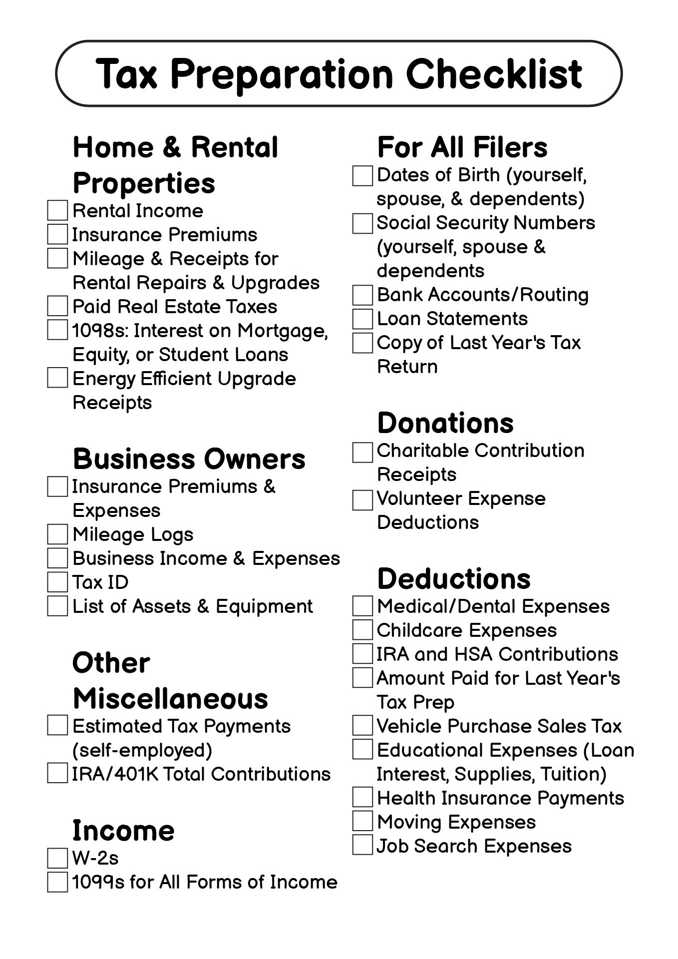 Tax Preparation Checklist Spreadsheet