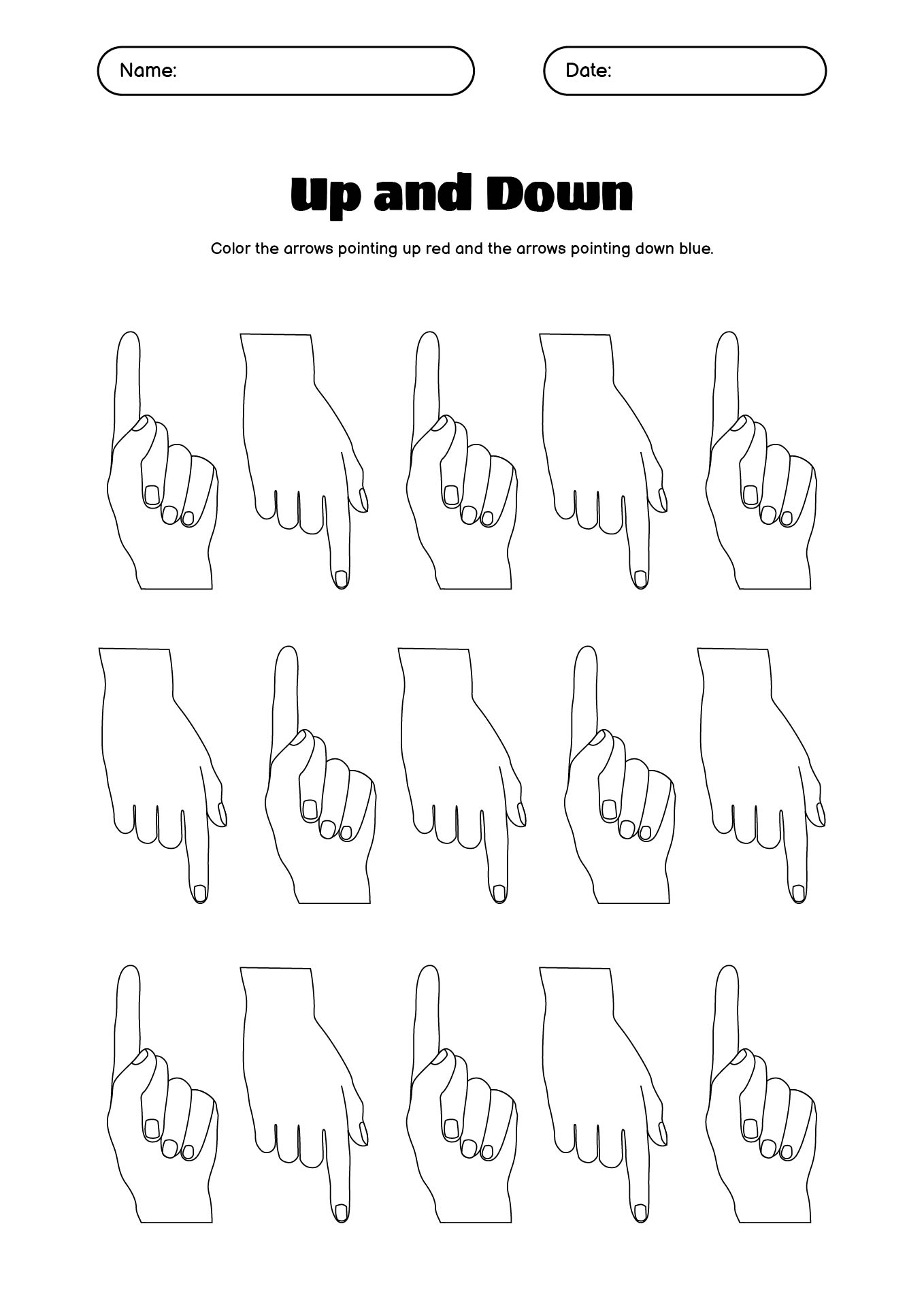 Up and Down Positional Worksheets for Preschoolers