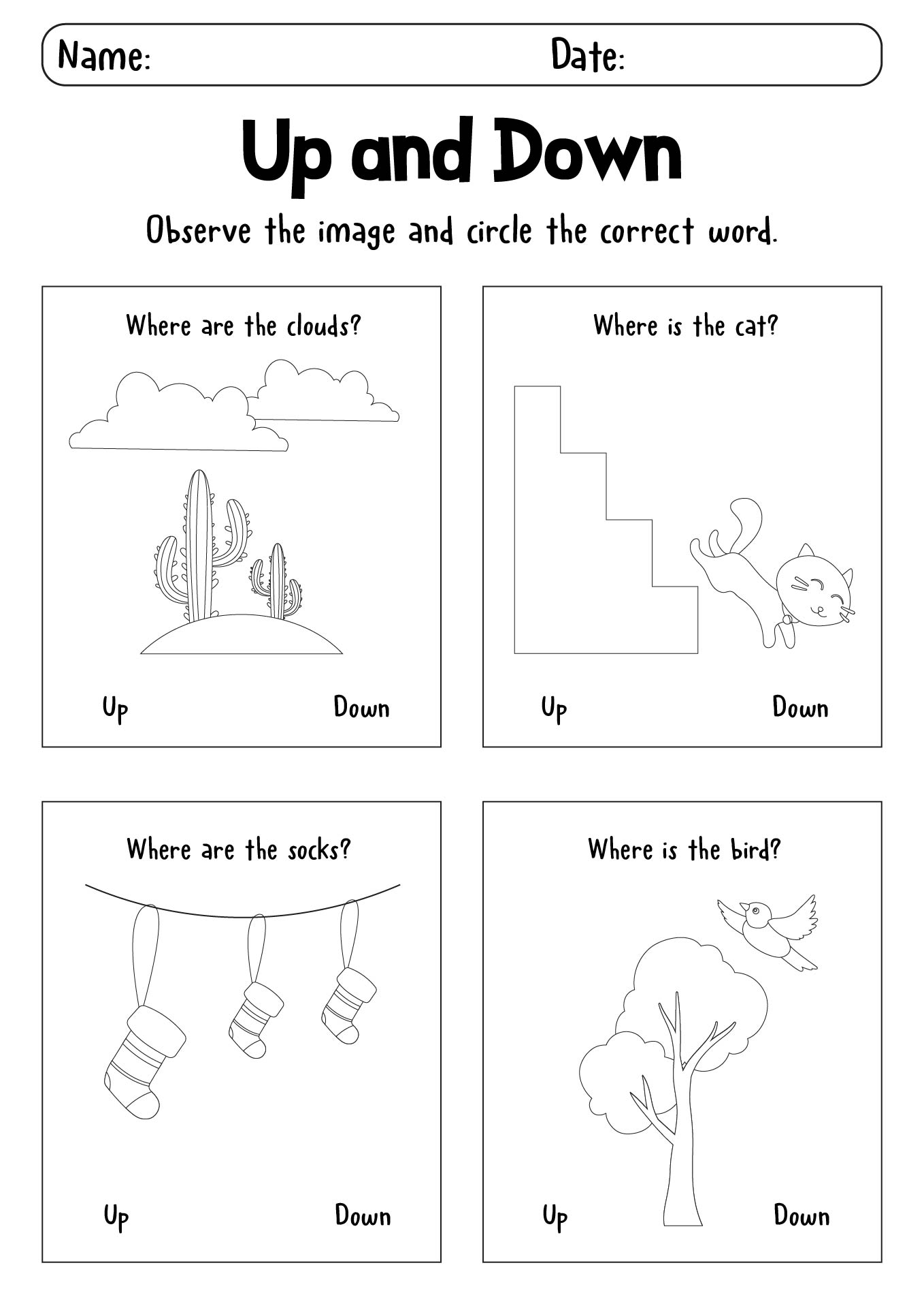 Up and Down Worksheets for Preschool