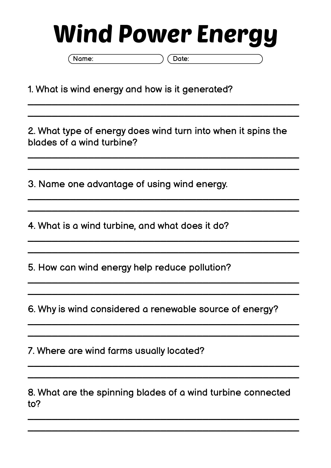 Wind Power Education Worksheet