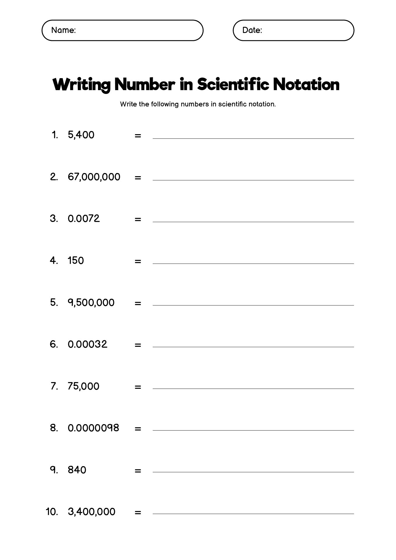 Worksheet Scientific Notation for Sixth Graders