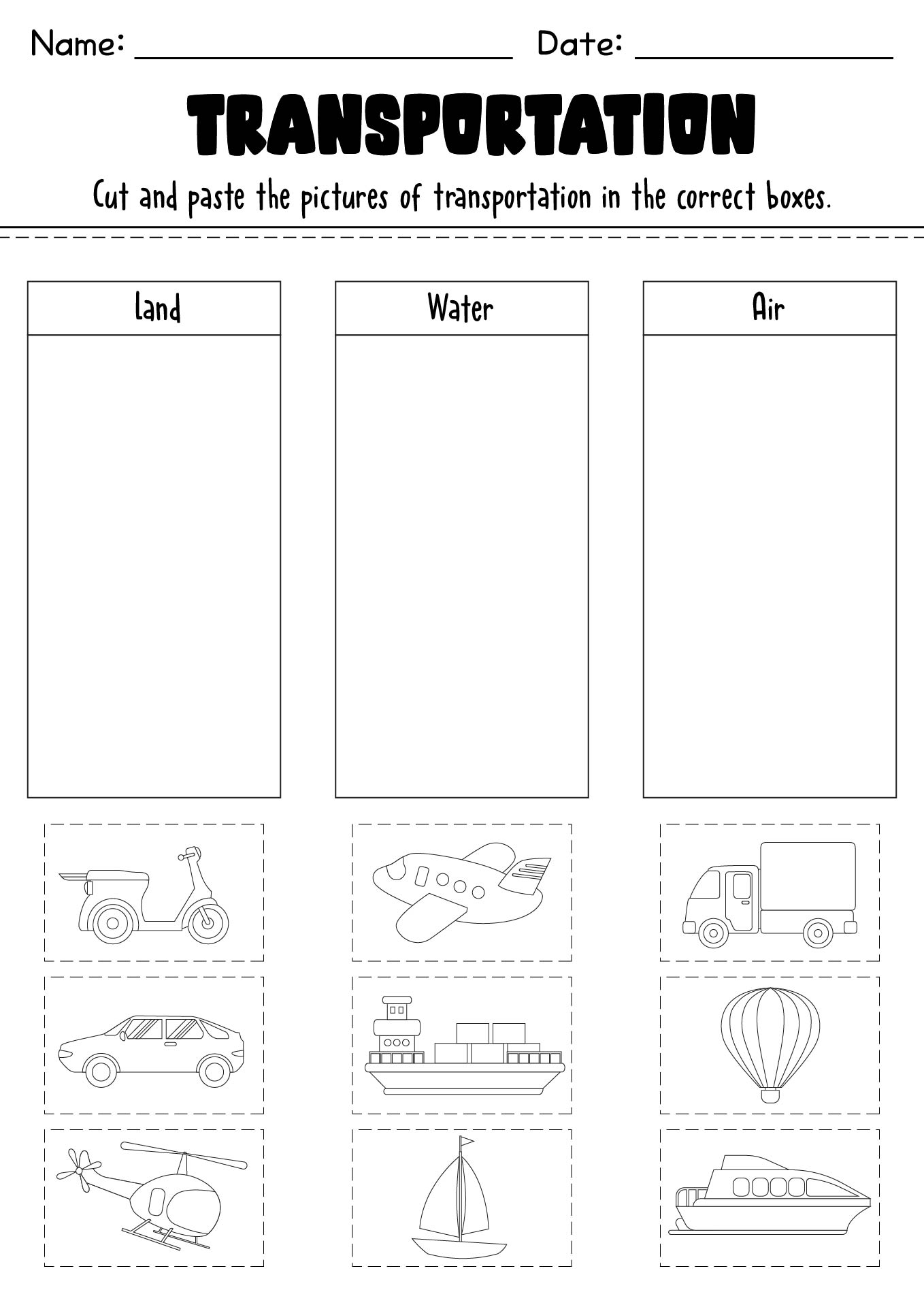 Worksheets on Transportation for Kindergarten Social Studies