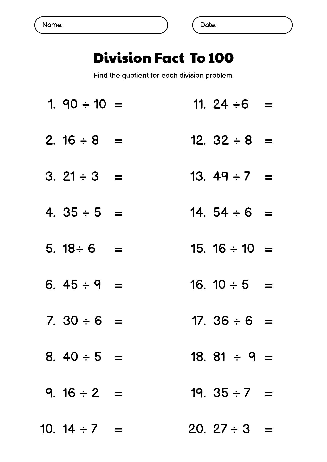 100 Basic Division Sheets