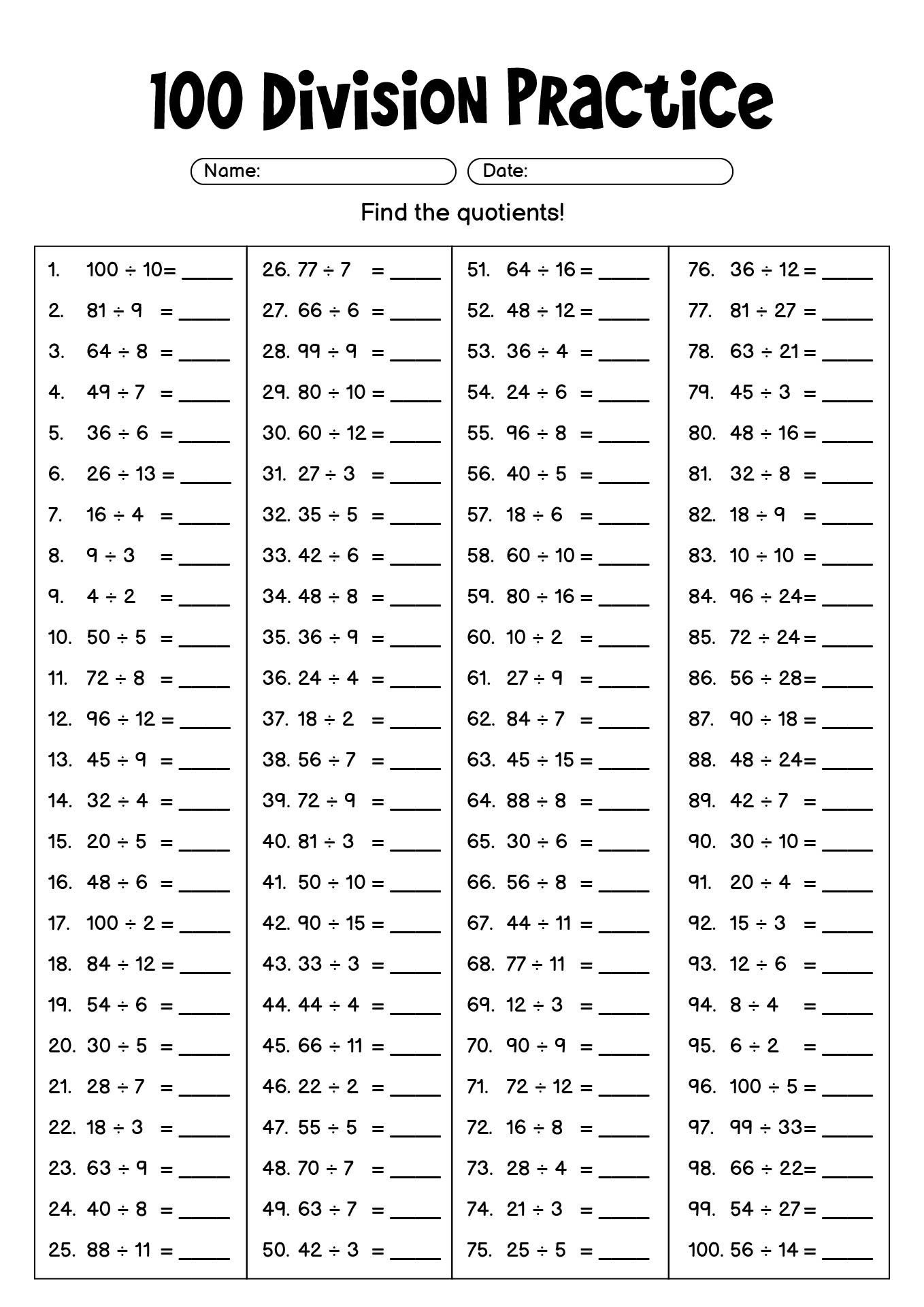 100 Division Practice Worksheets for Kids