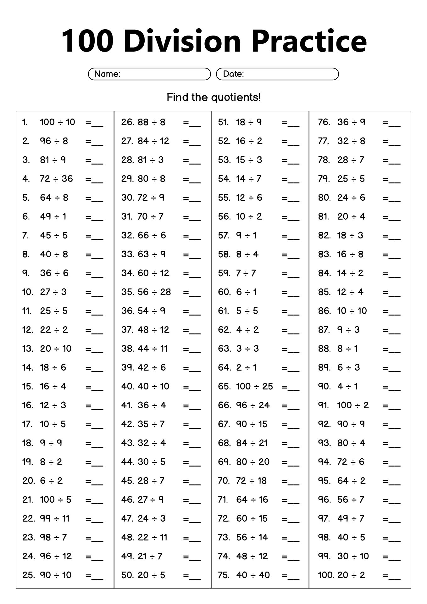 100 Division Practice Worksheets