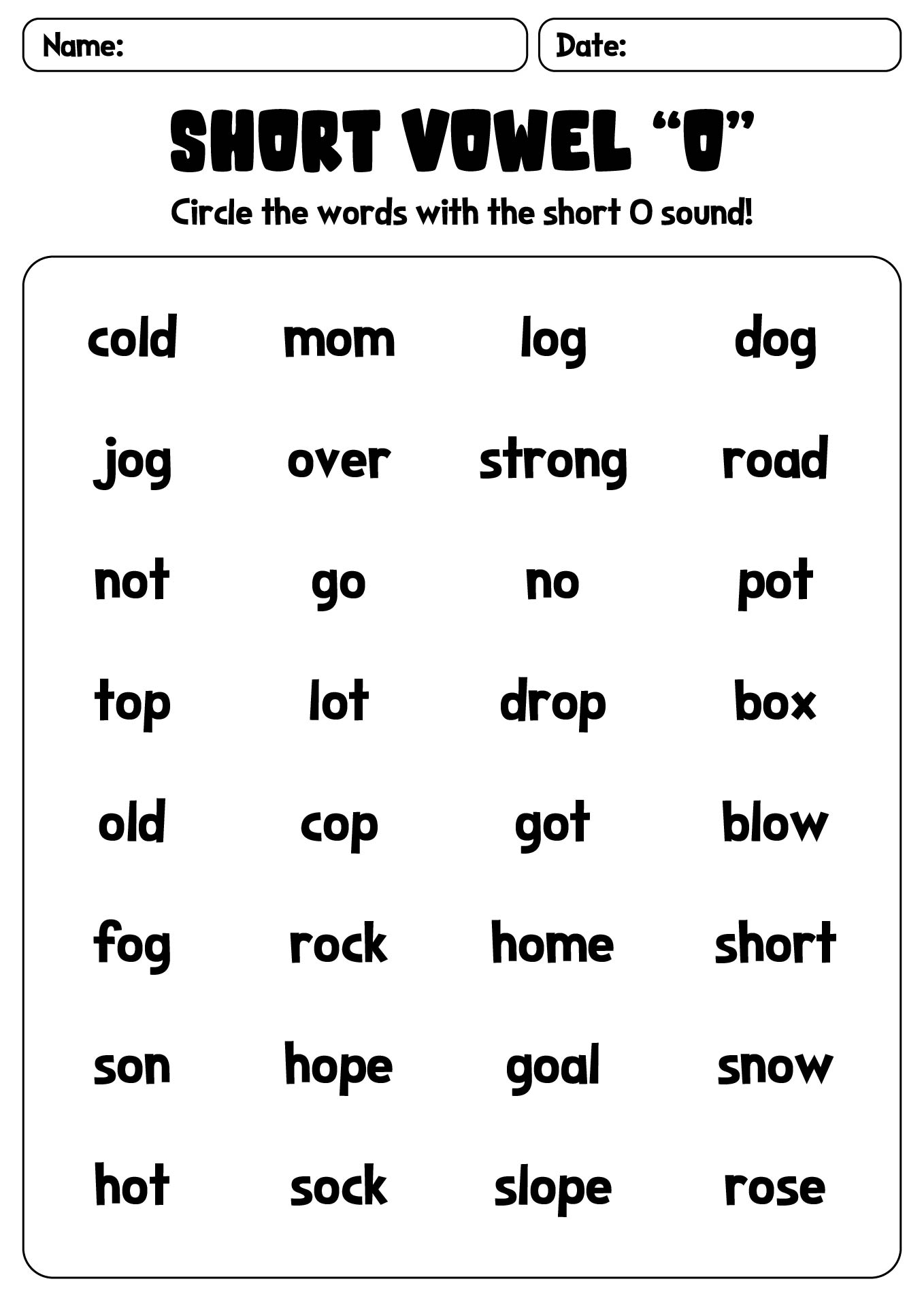 1st Grade Short-Vowel O Practice Sheets