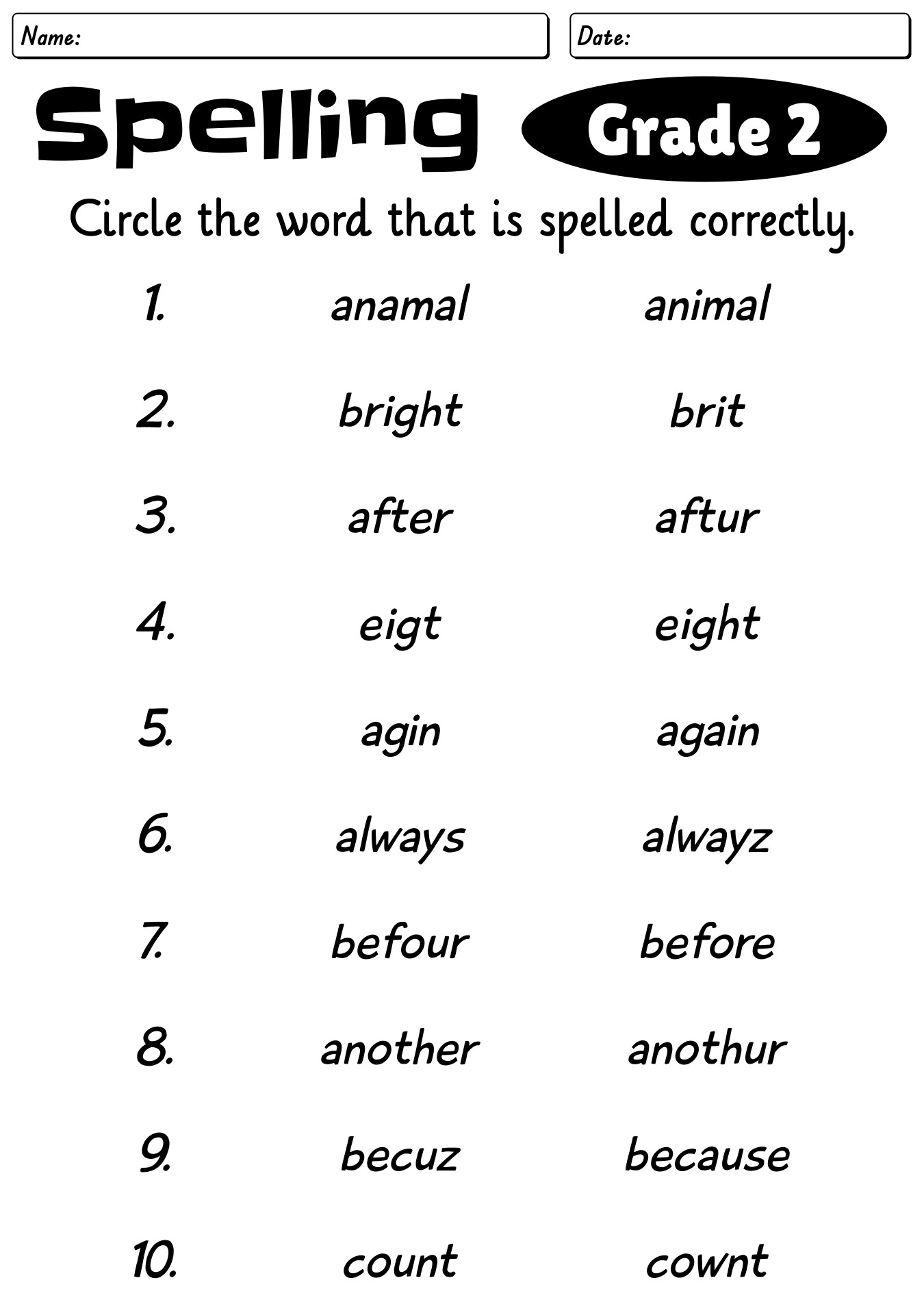 2nd Grade Spellings Worksheet