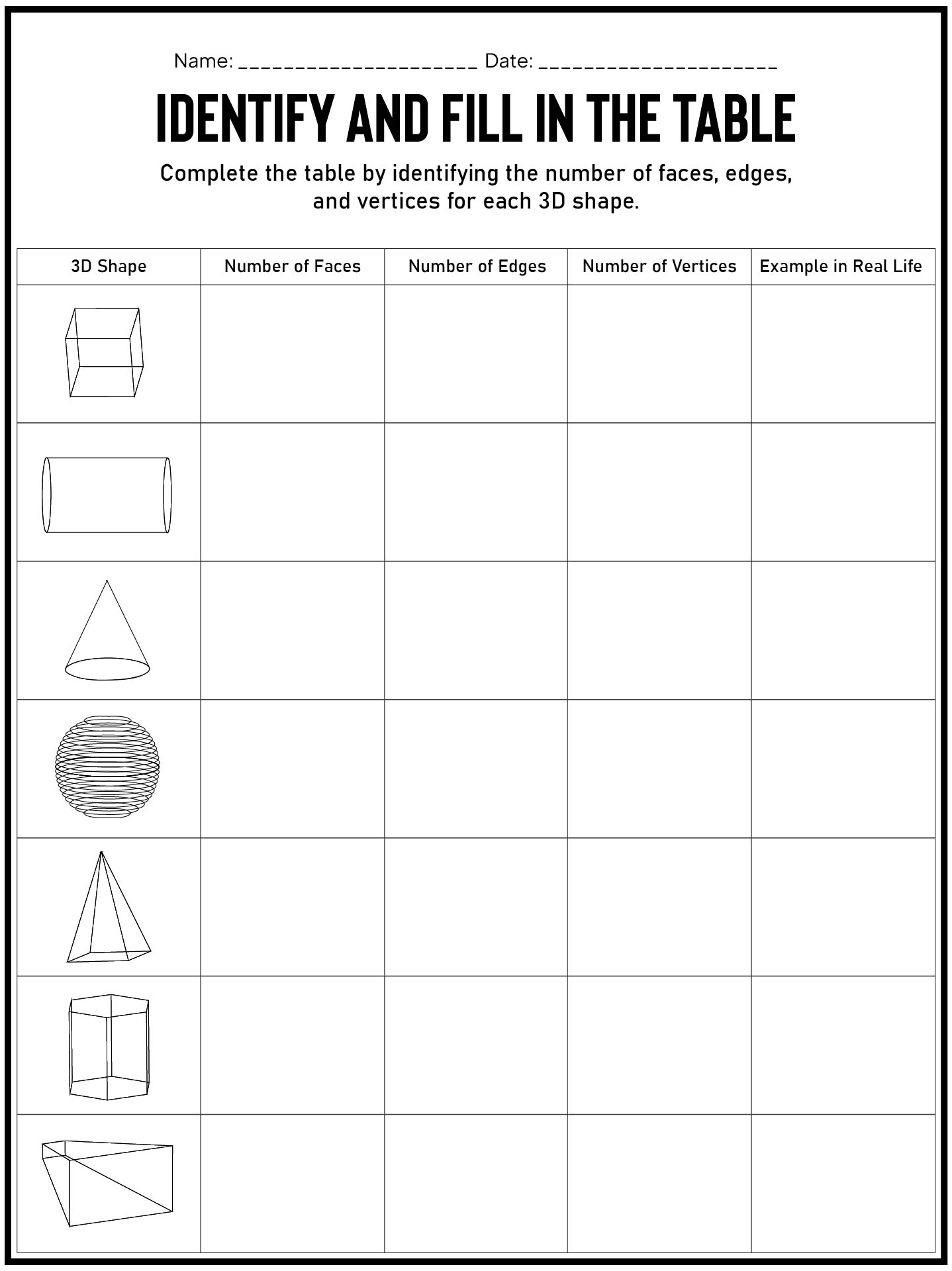 3D Geometry Characteristics Practice Worksheet