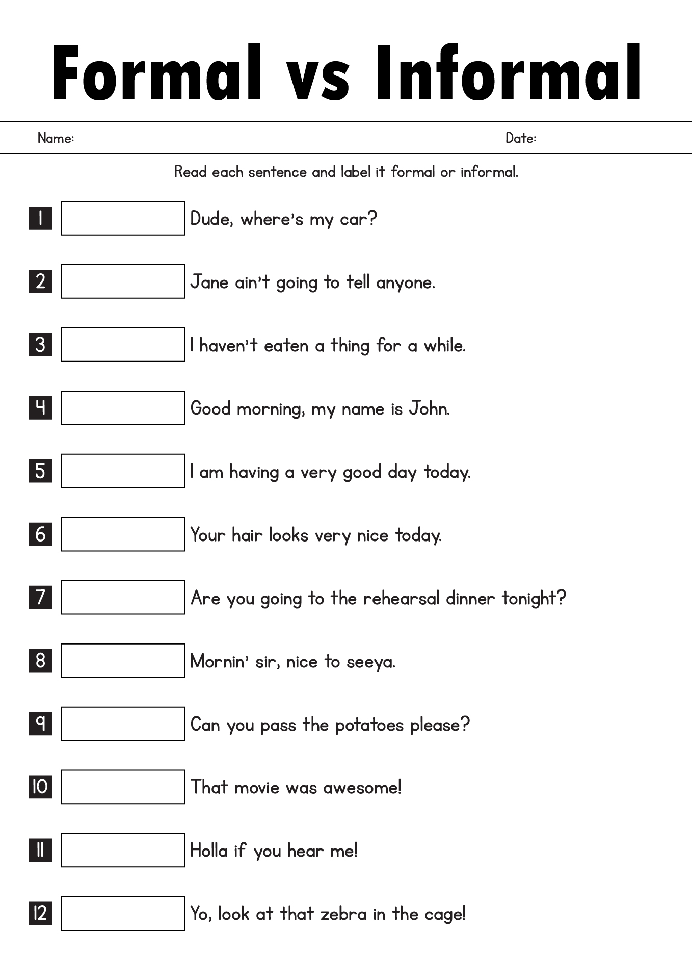 6th Grade Language Arts Practice Sheets