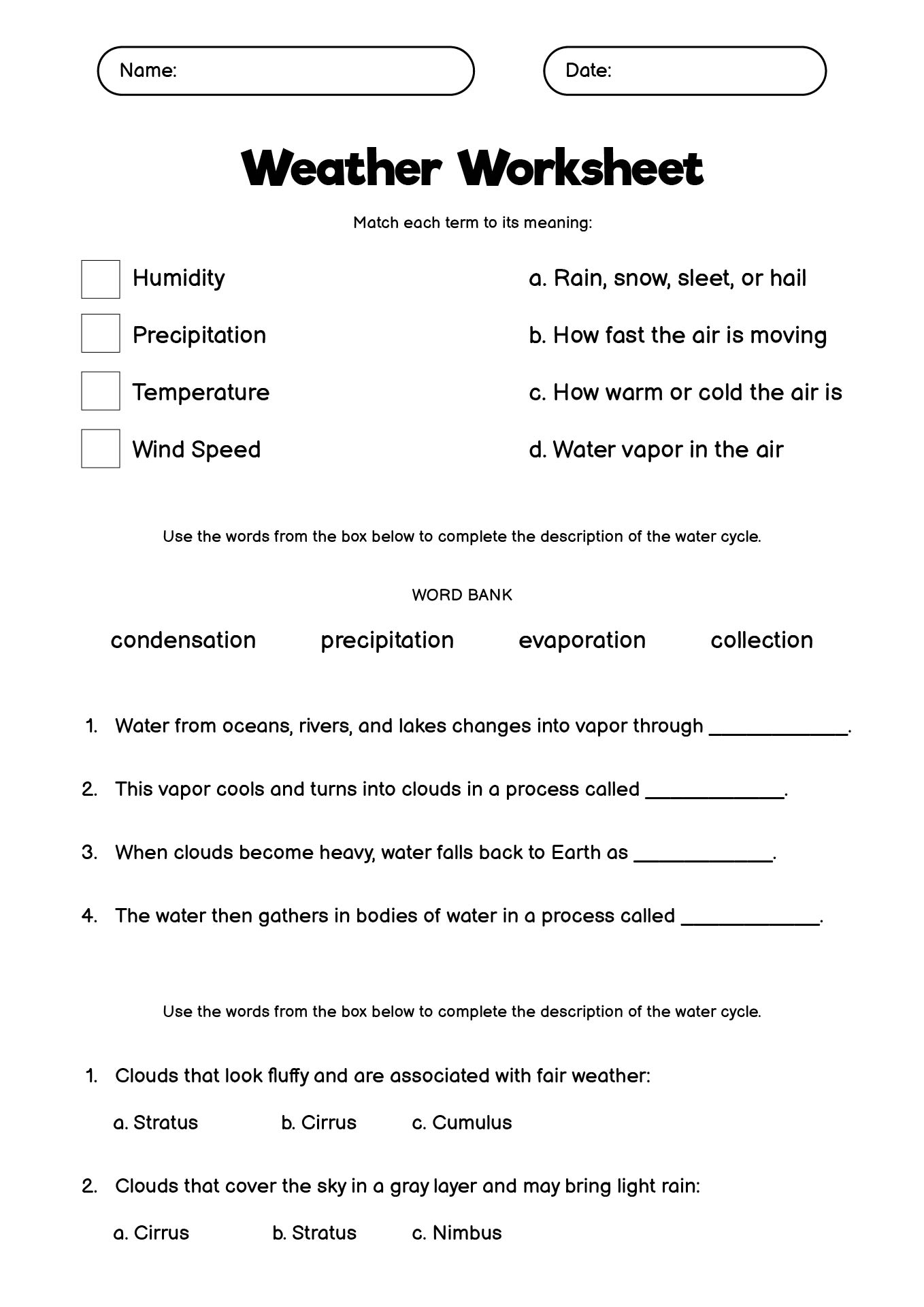 6th Grade Weather Worksheets