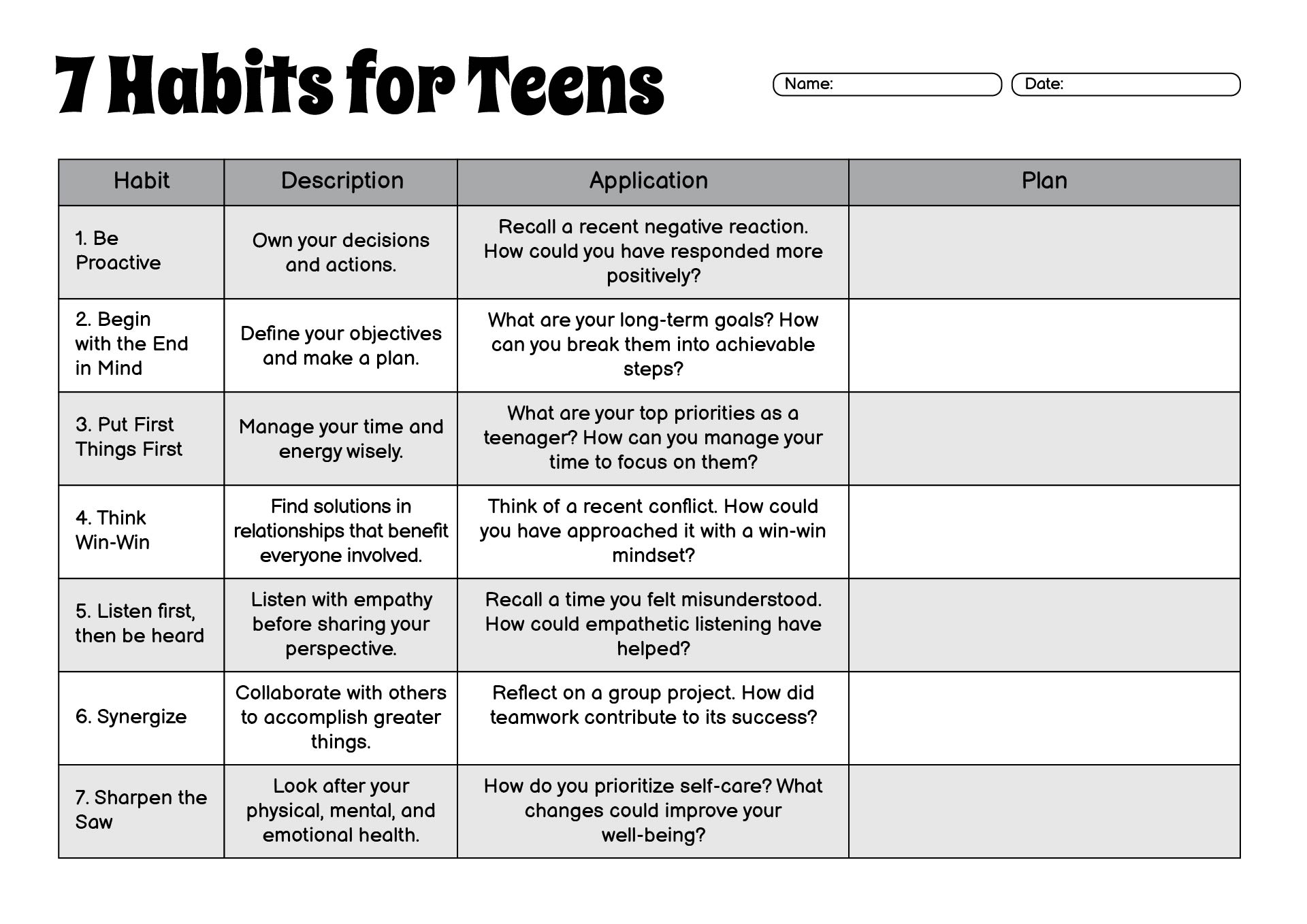 7 Habits Worksheets for Teens