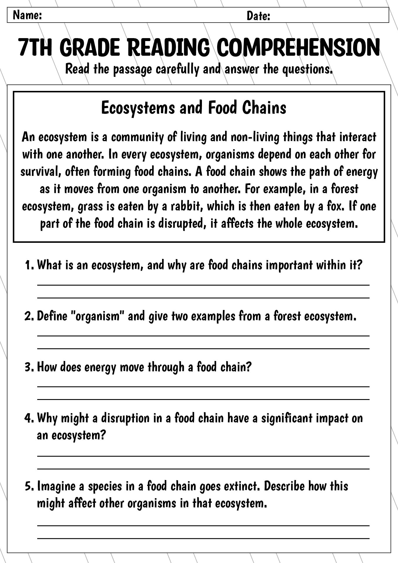 7th Grade Reading Comprehension Practice Worksheets