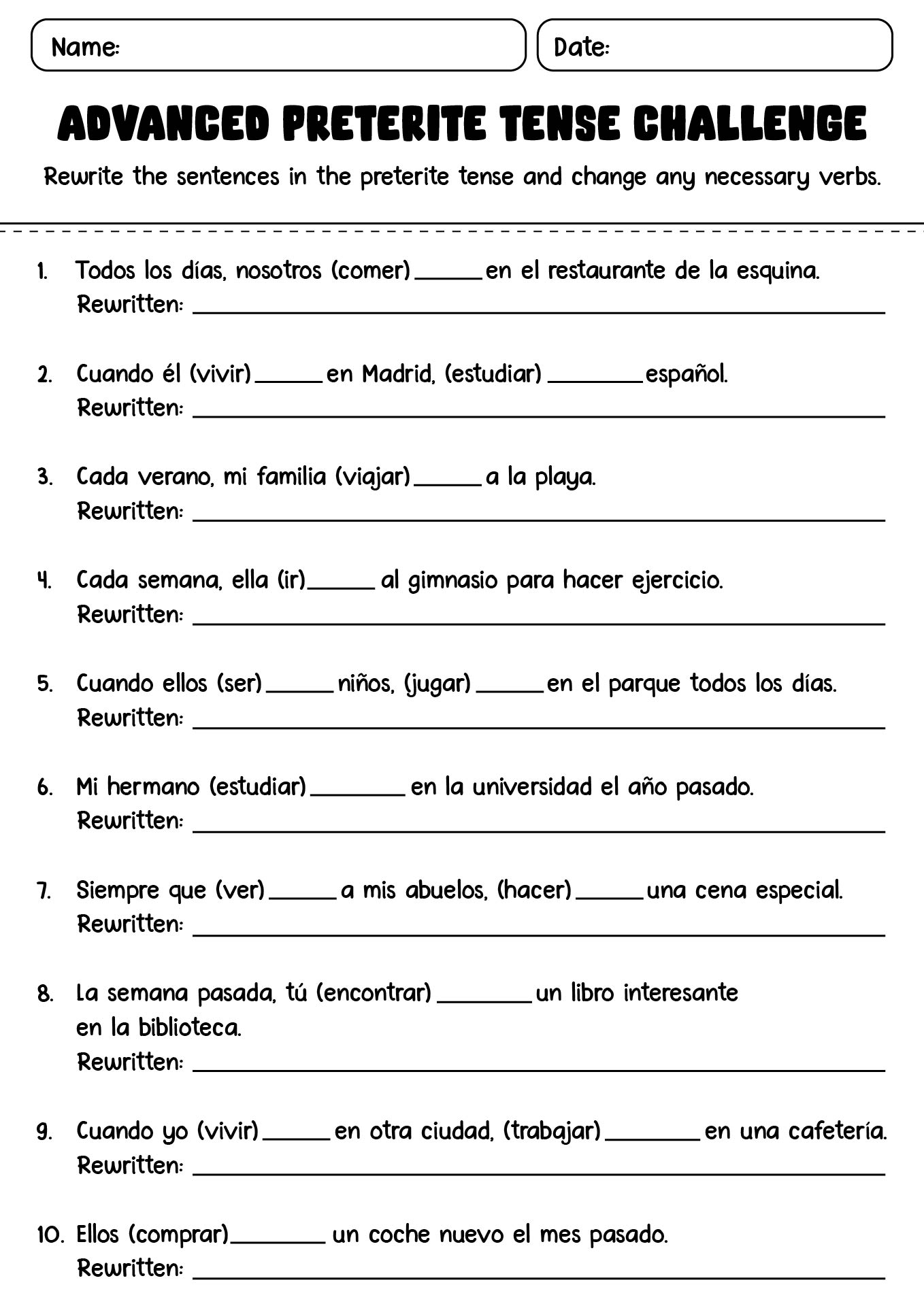 Advanced Preterite Tense Challenge Worksheets