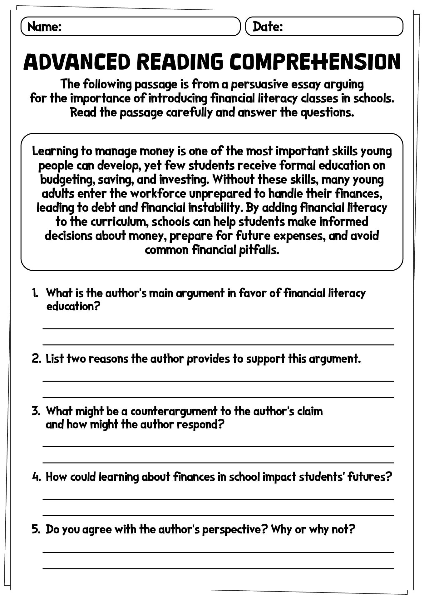 Advanced Reading Comprehension Worksheets for Grade 7