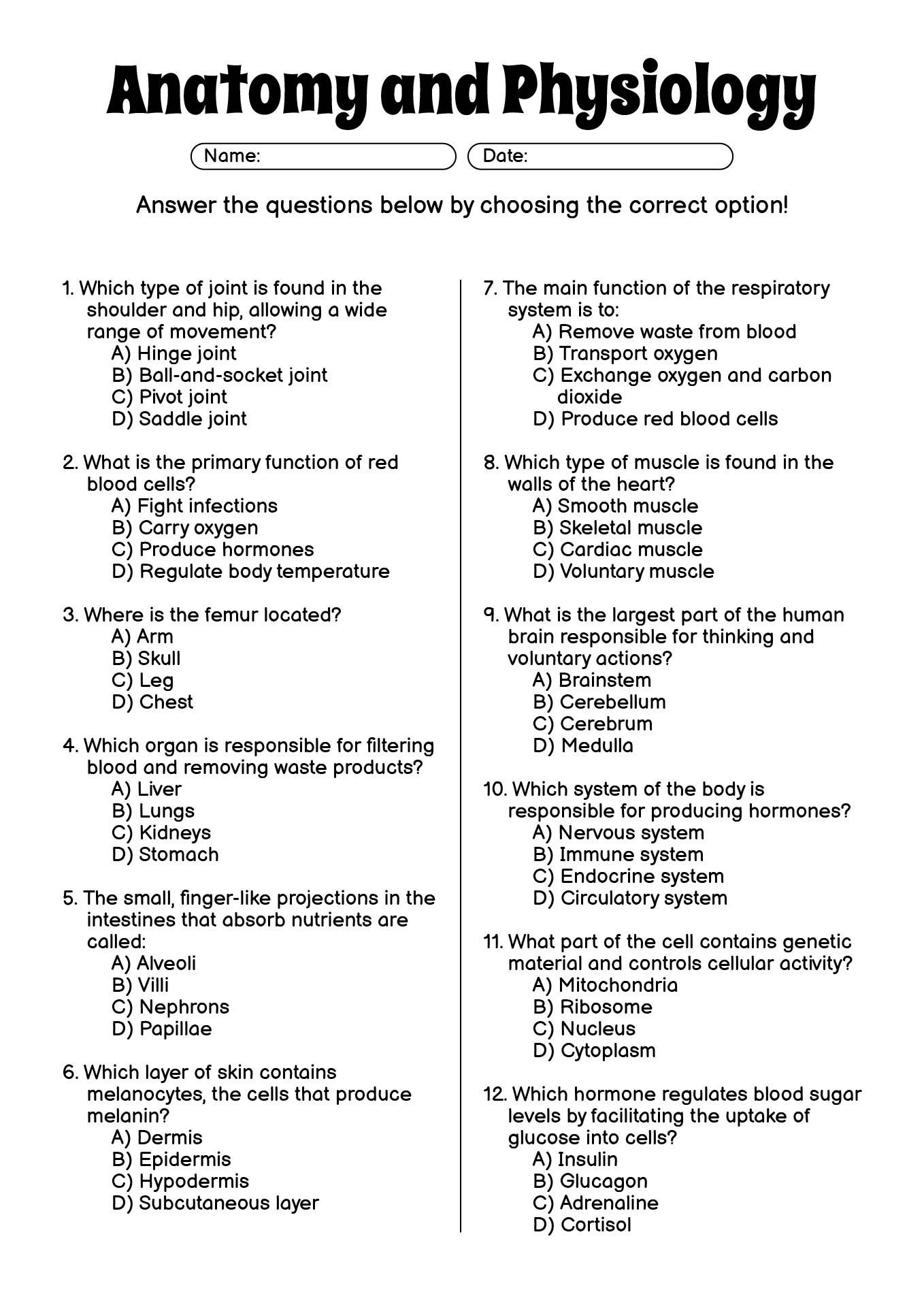 Anatomy and Physiology Revision Worksheet Sets