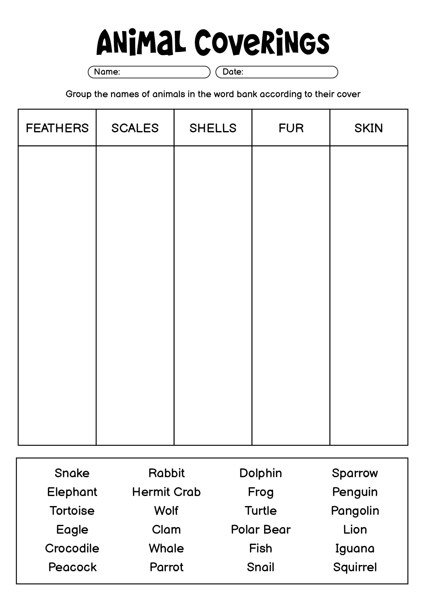 Animal Skin Worksheets Activities for Kids