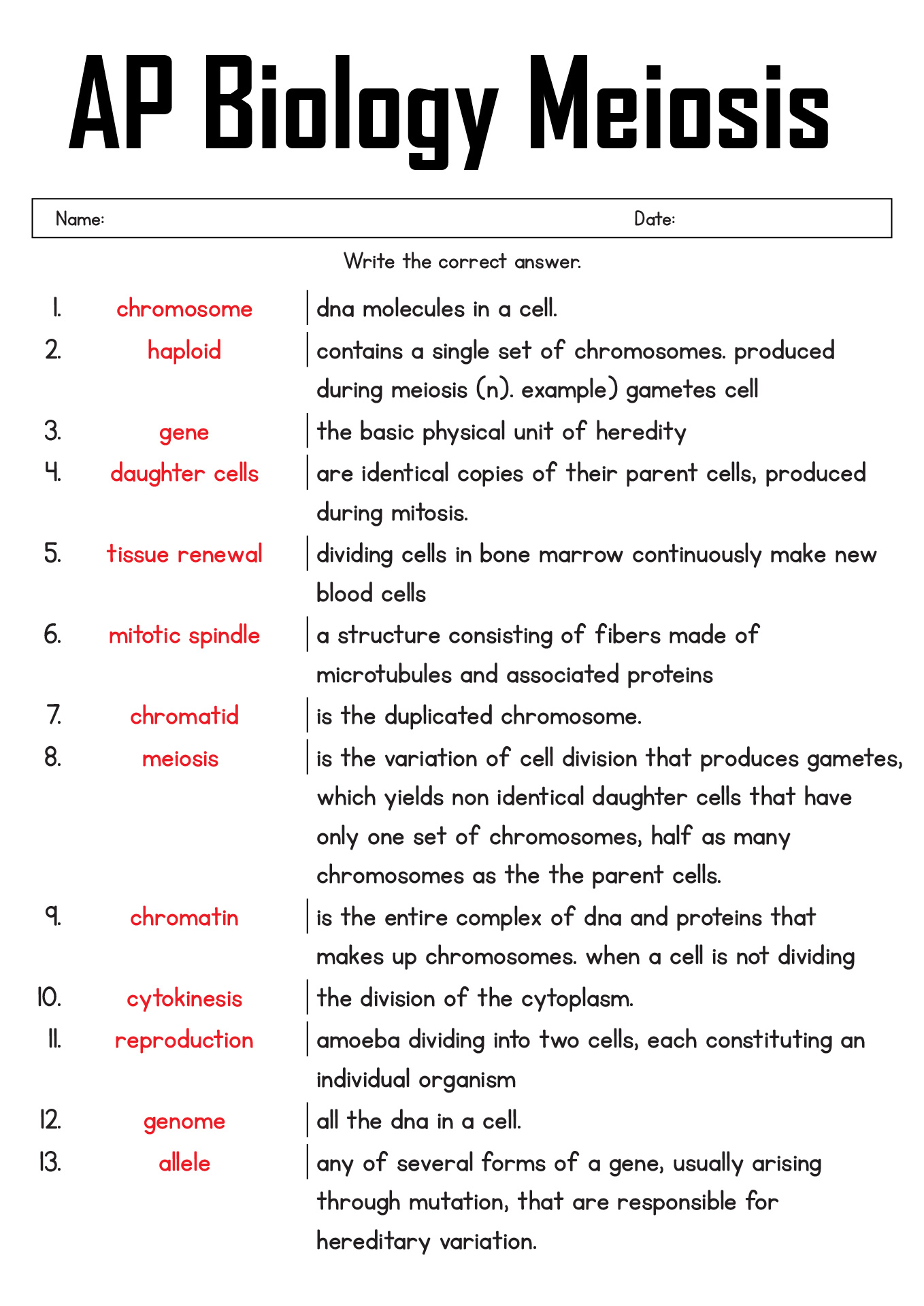 AP Biology Meiosis Worksheet Answer Key