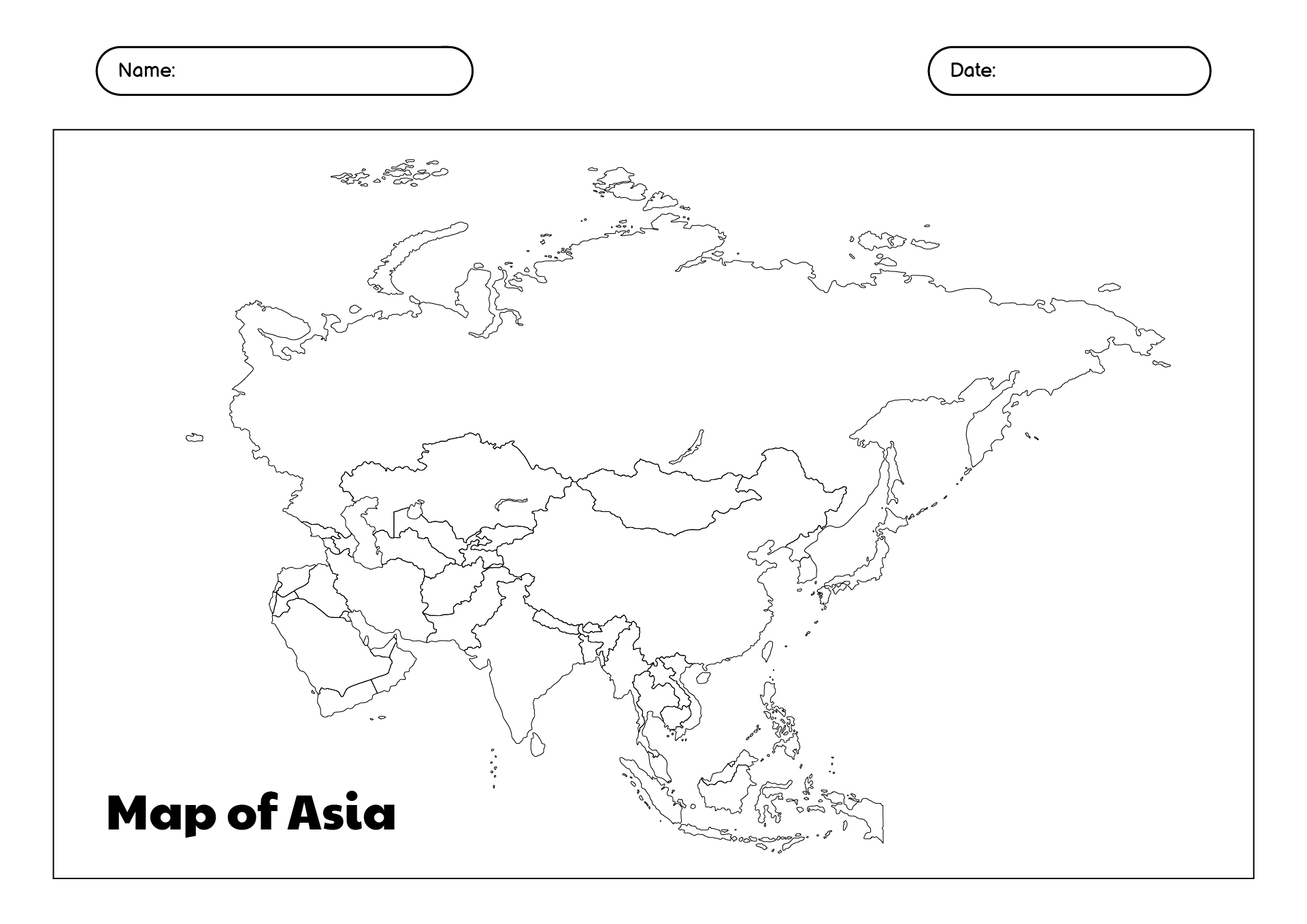 Asia Blank Map Worksheets for Schools