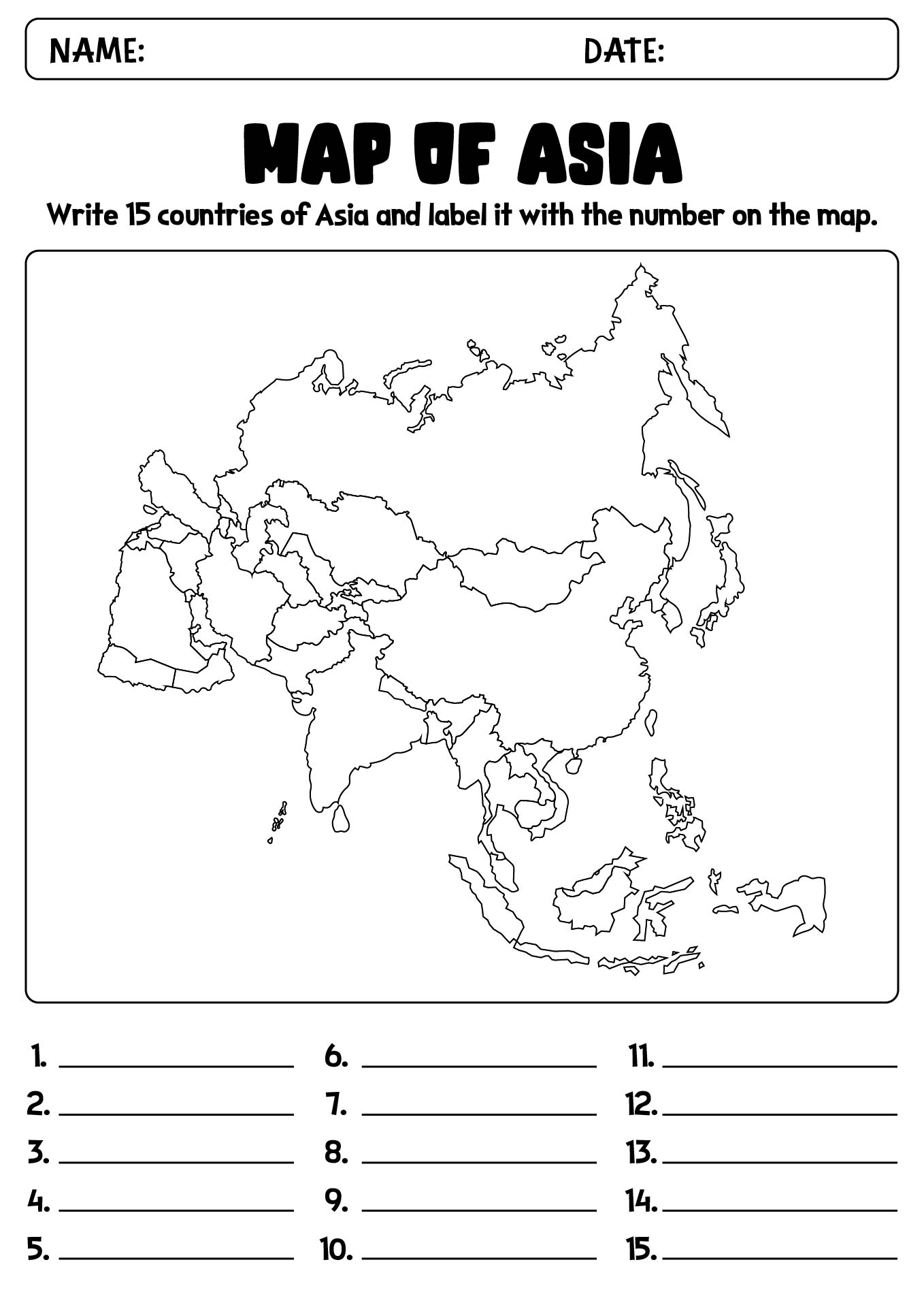 Asia Blank Map Worksheets for Students