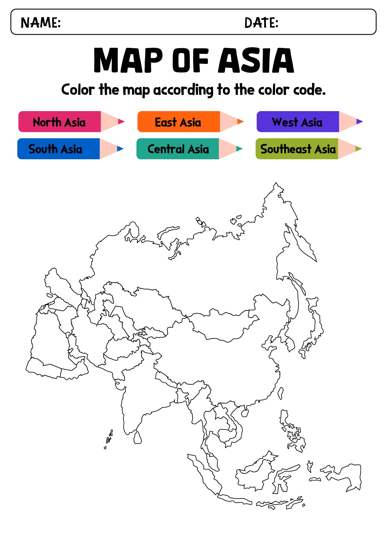 Asia Outline Map Worksheets for Schools