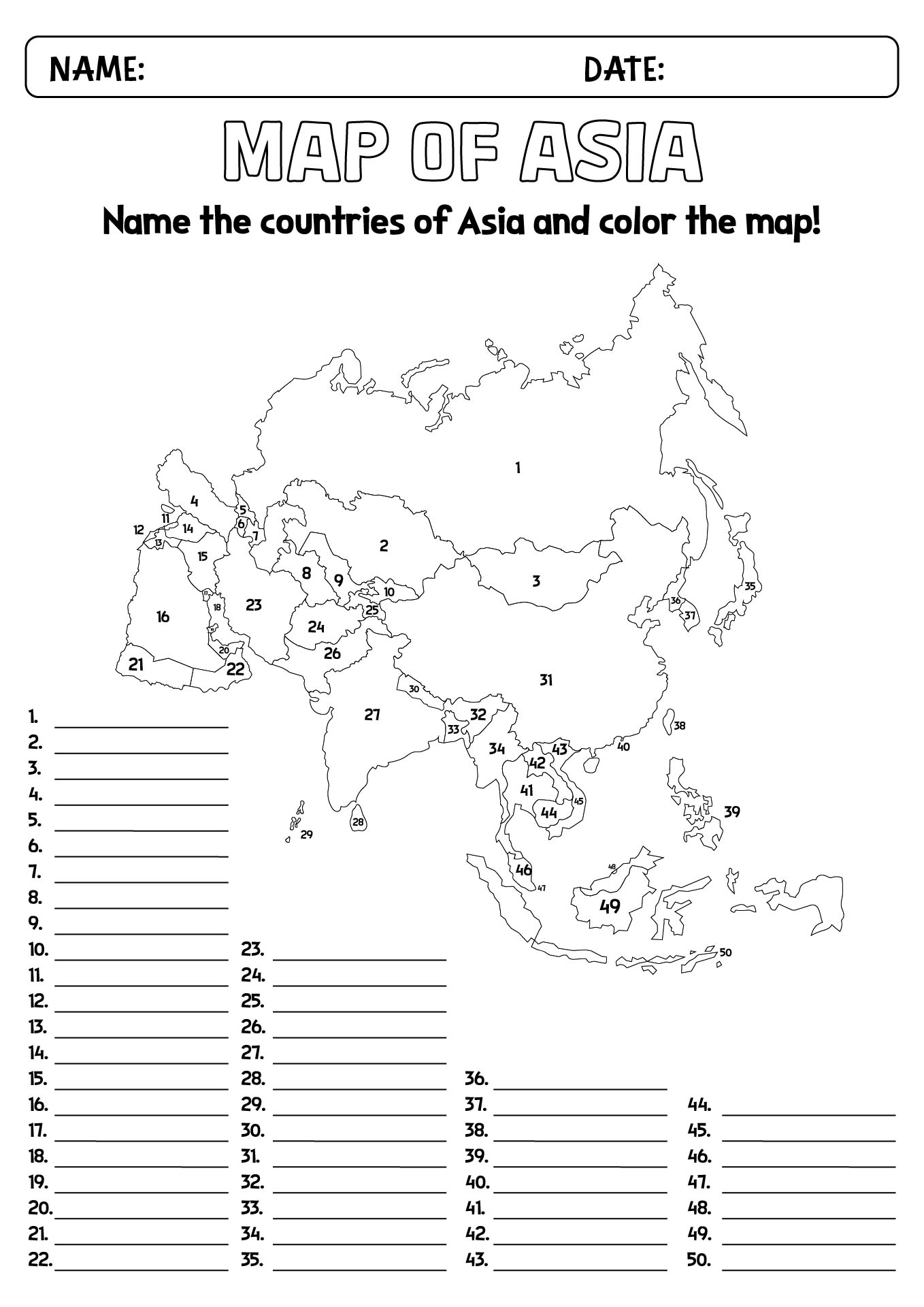 Asia Physical Map Blank Worksheet Activities