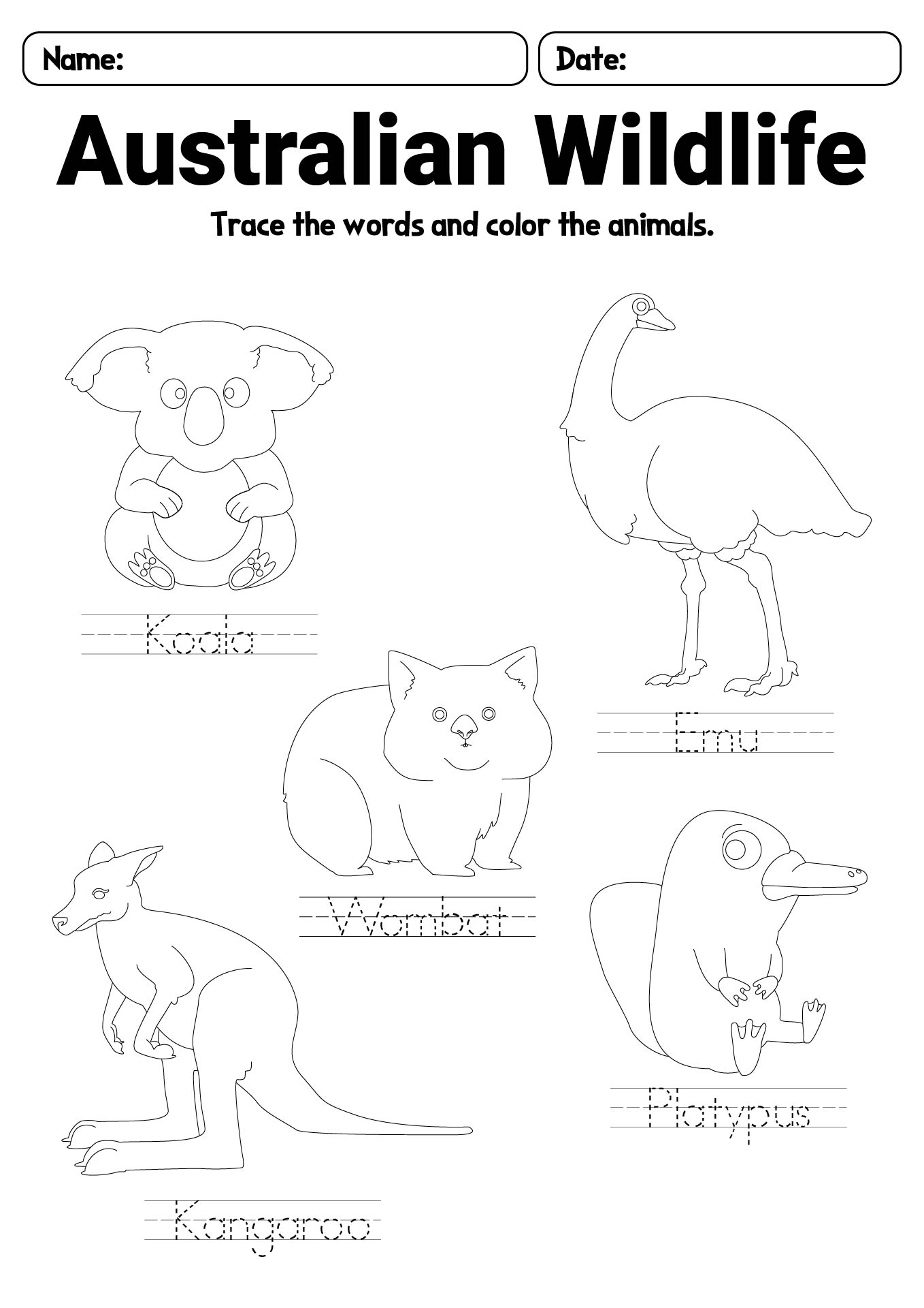 Australian Animal Study Sheets for Kids