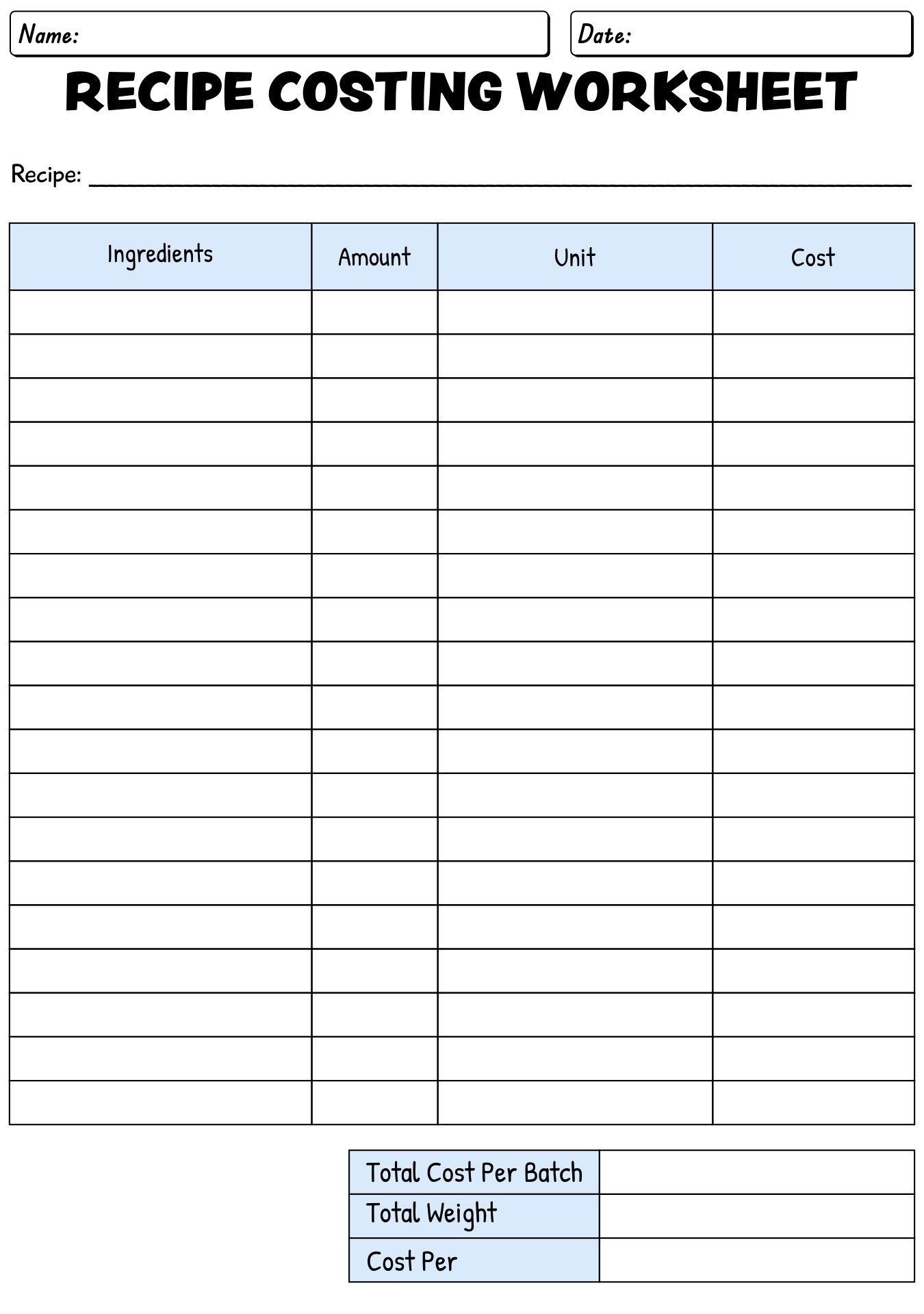 Bakery Recipe Costing Spreadsheet